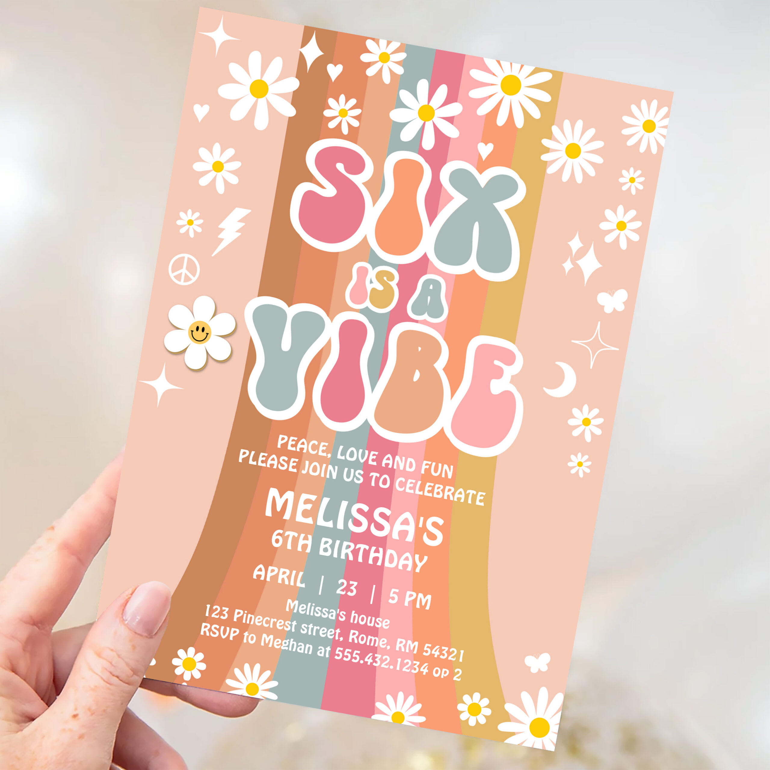 Six Is A Vibe Rainbow Retro Groovy 6th Birthday Invitation - Image 3