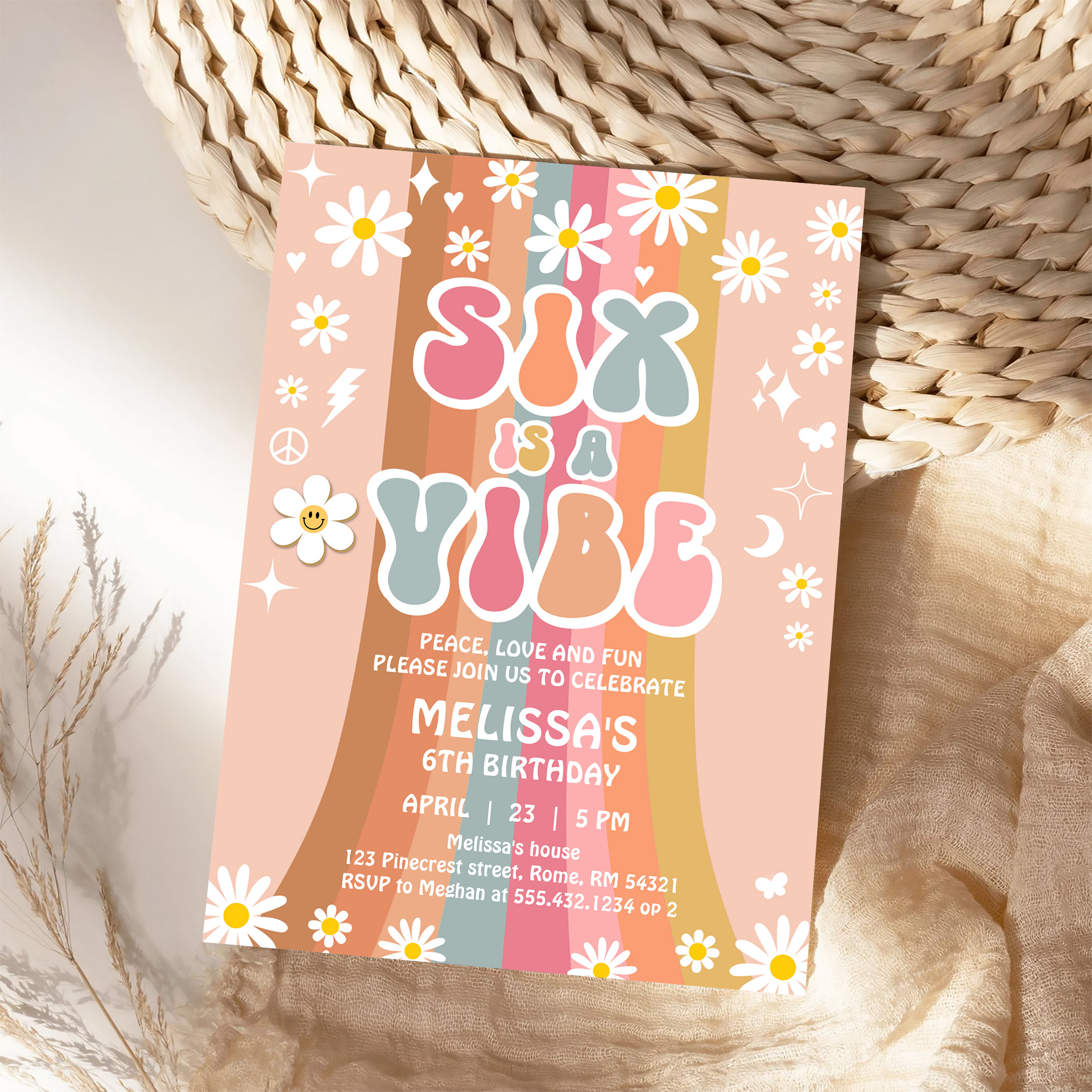 Six Is A Vibe Rainbow Retro Groovy 6th Birthday Invitation - Image 4