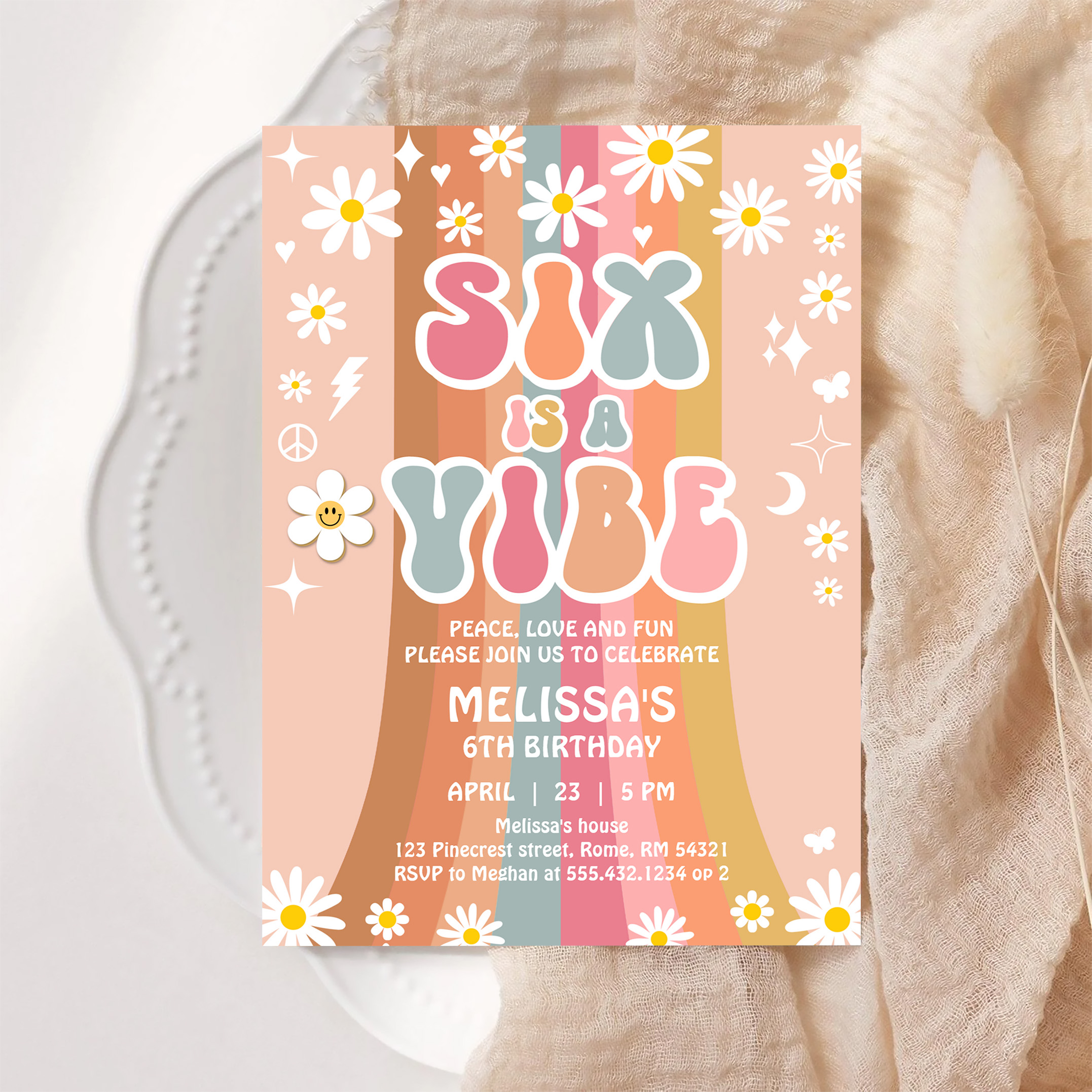 Six Is A Vibe Rainbow Retro Groovy 6th Birthday Invitation - Image 6
