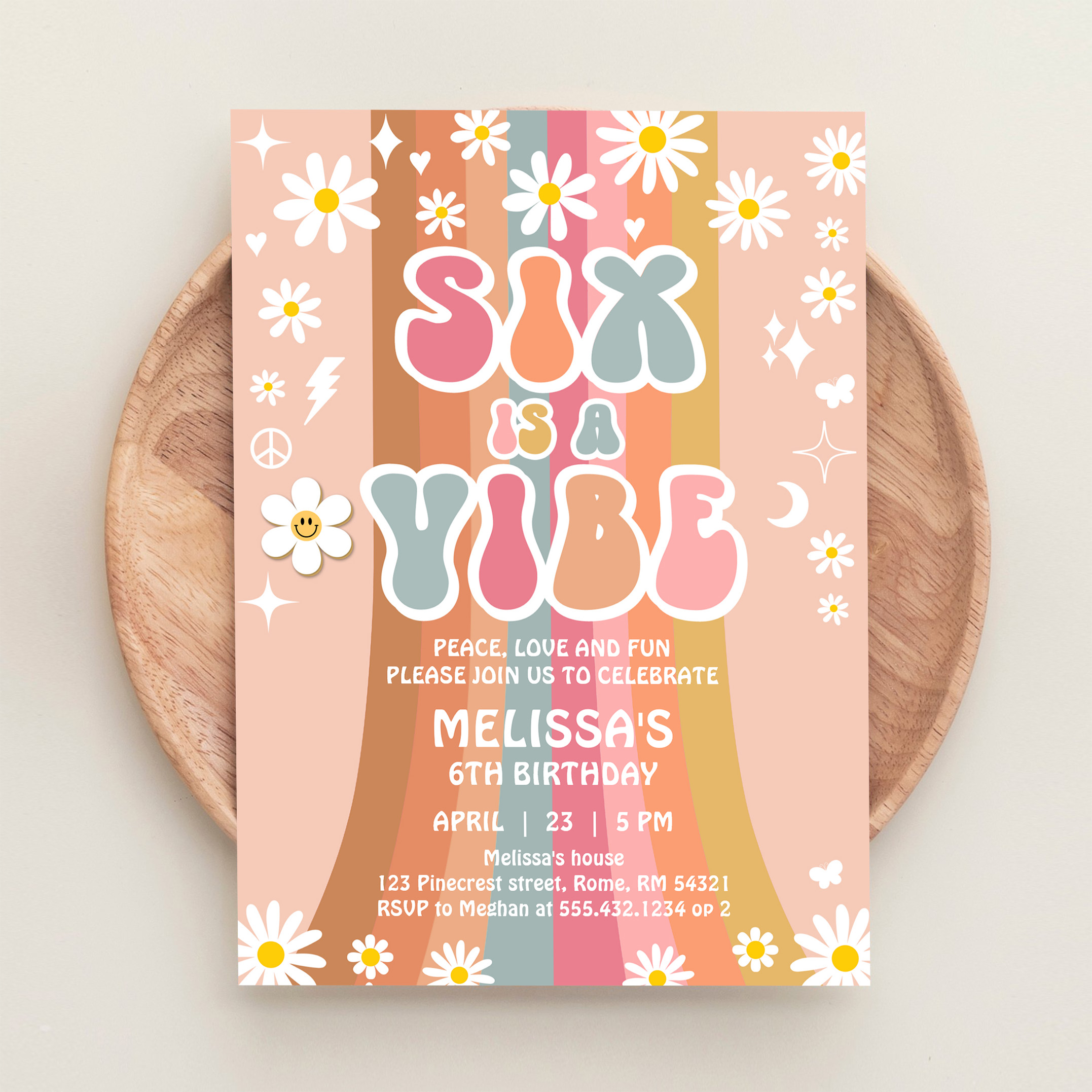 Six Is A Vibe Rainbow Retro Groovy 6th Birthday Invitation - Image 7
