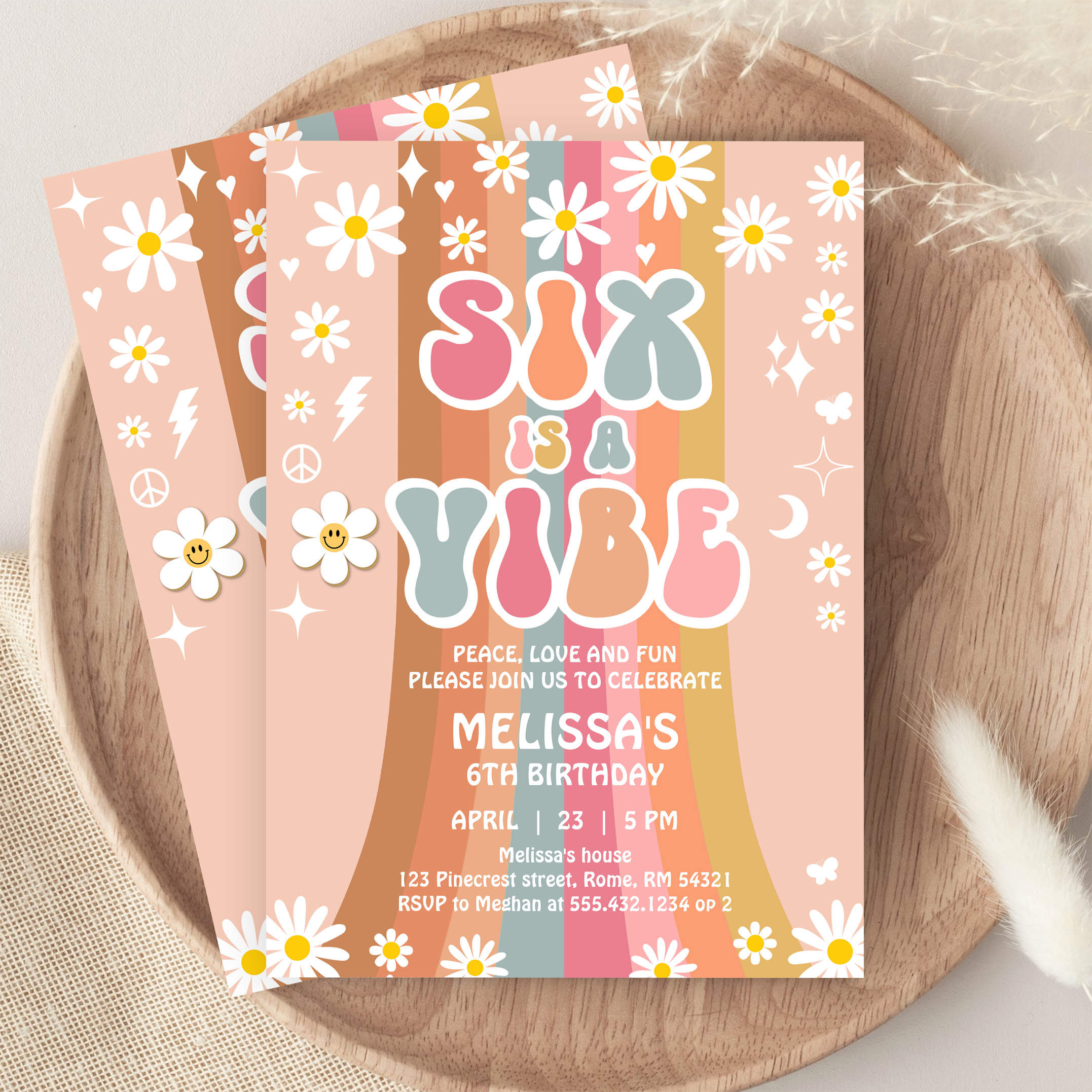 Six Is A Vibe Rainbow Retro Groovy 6th Birthday Invitation - Image 9