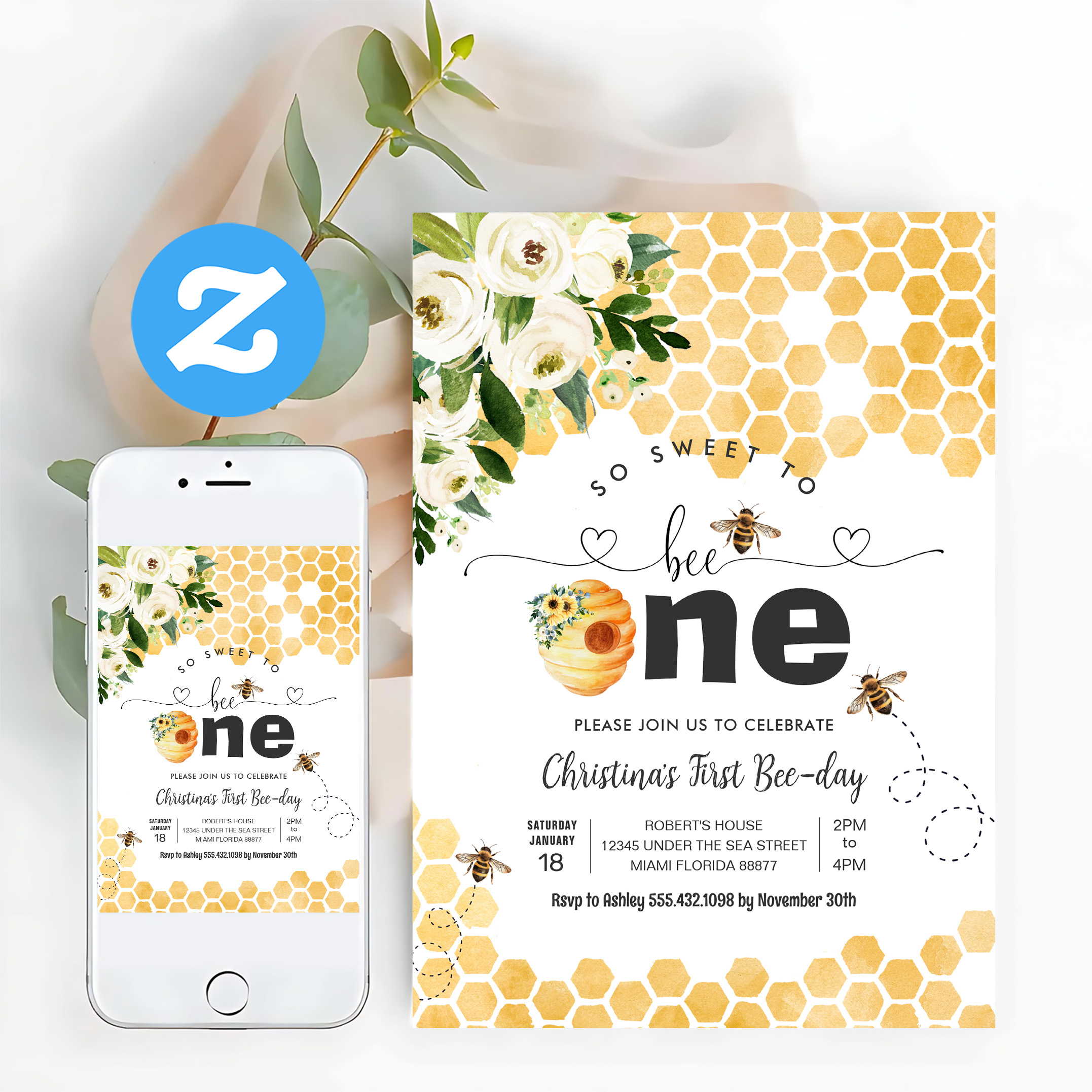 So Sweet To Bee One Bee Theme Party First Birthday Invitation - Image 12