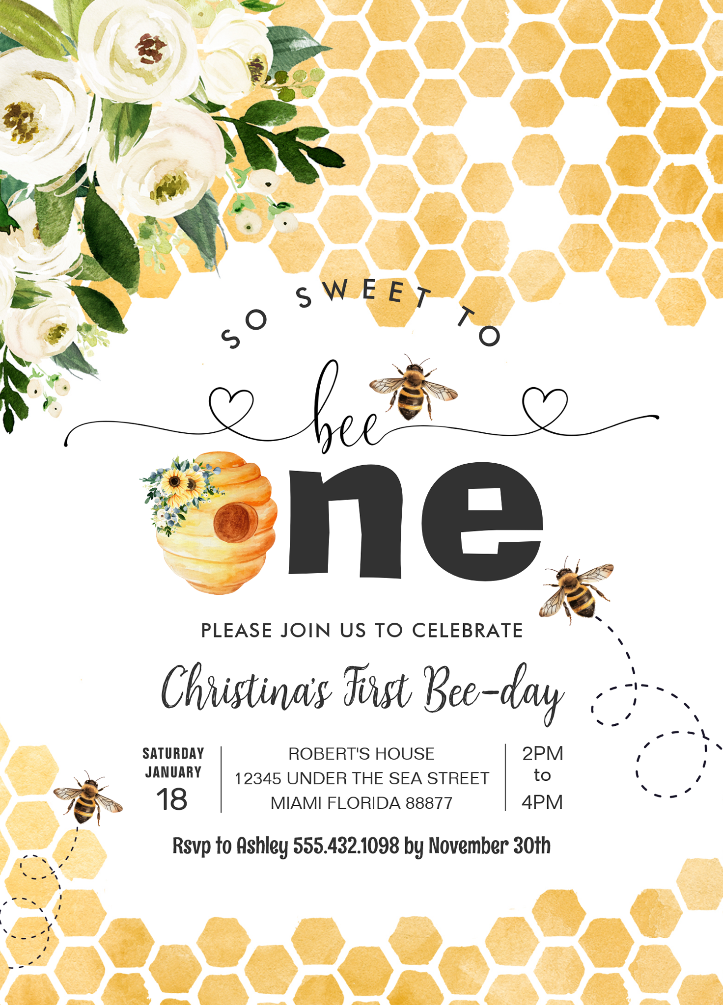 So Sweet To Bee One Bee Theme Party First Birthday Invitation