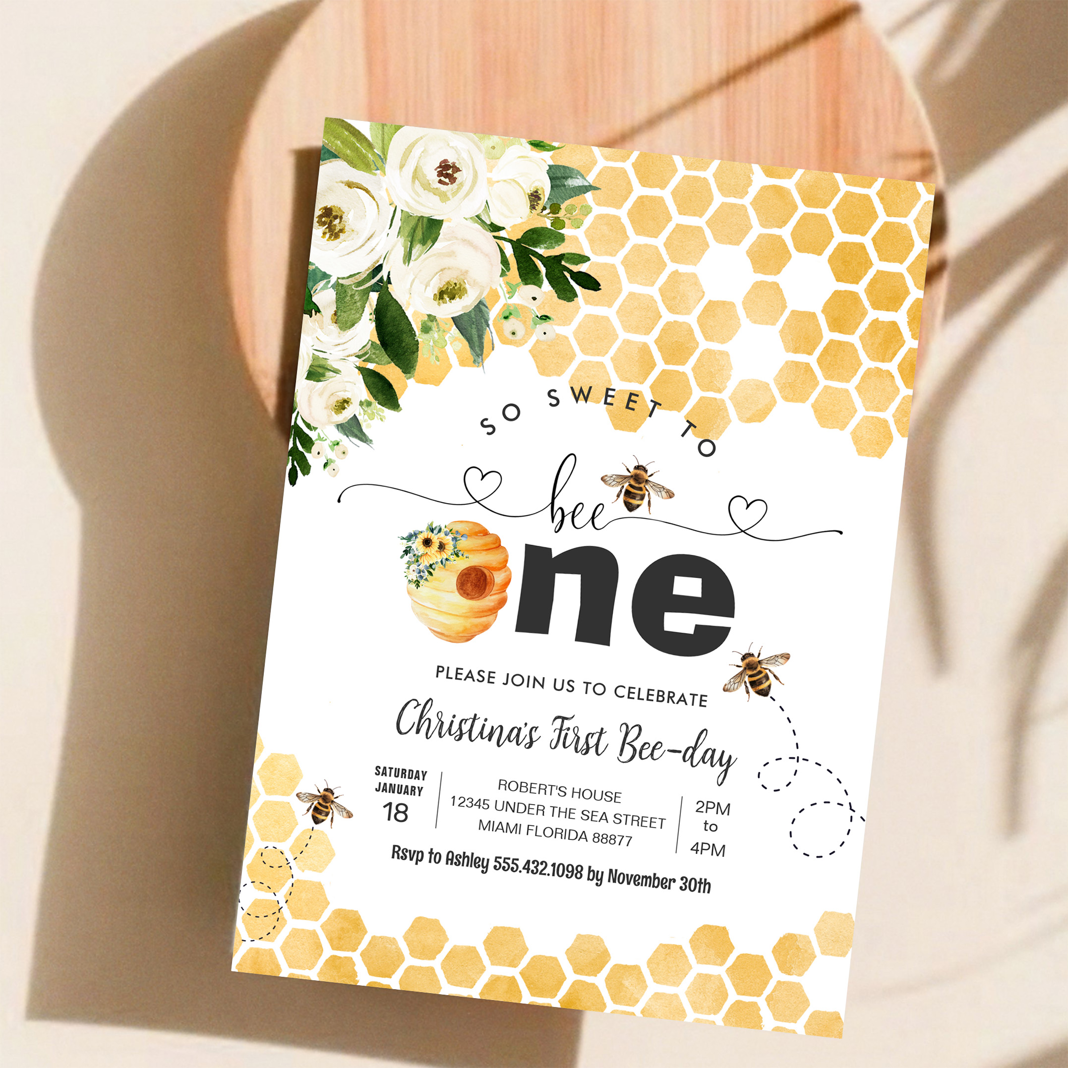 So Sweet To Bee One Bee Theme Party First Birthday Invitation - Image 11