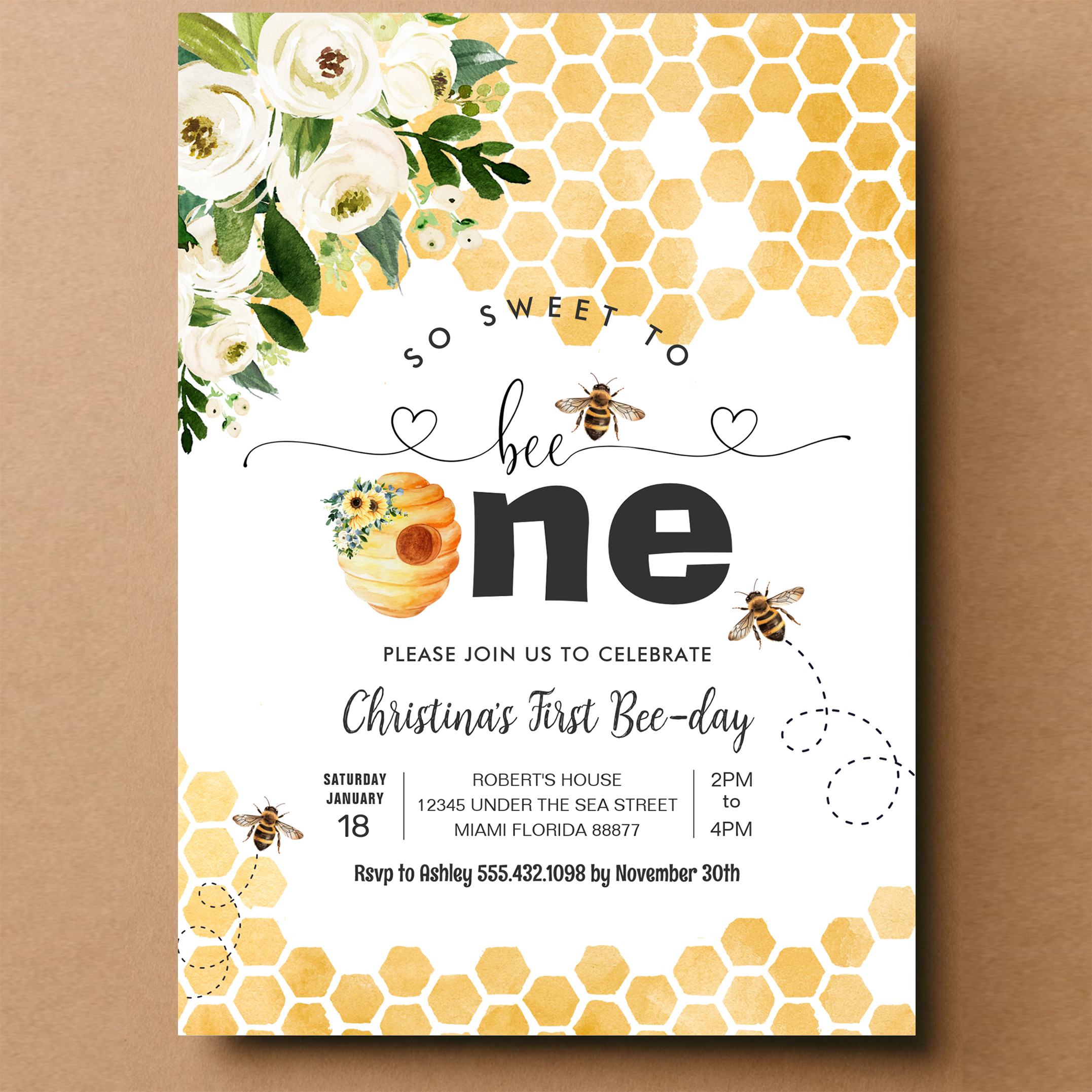 So Sweet To Bee One Bee Theme Party First Birthday Invitation - Image 14