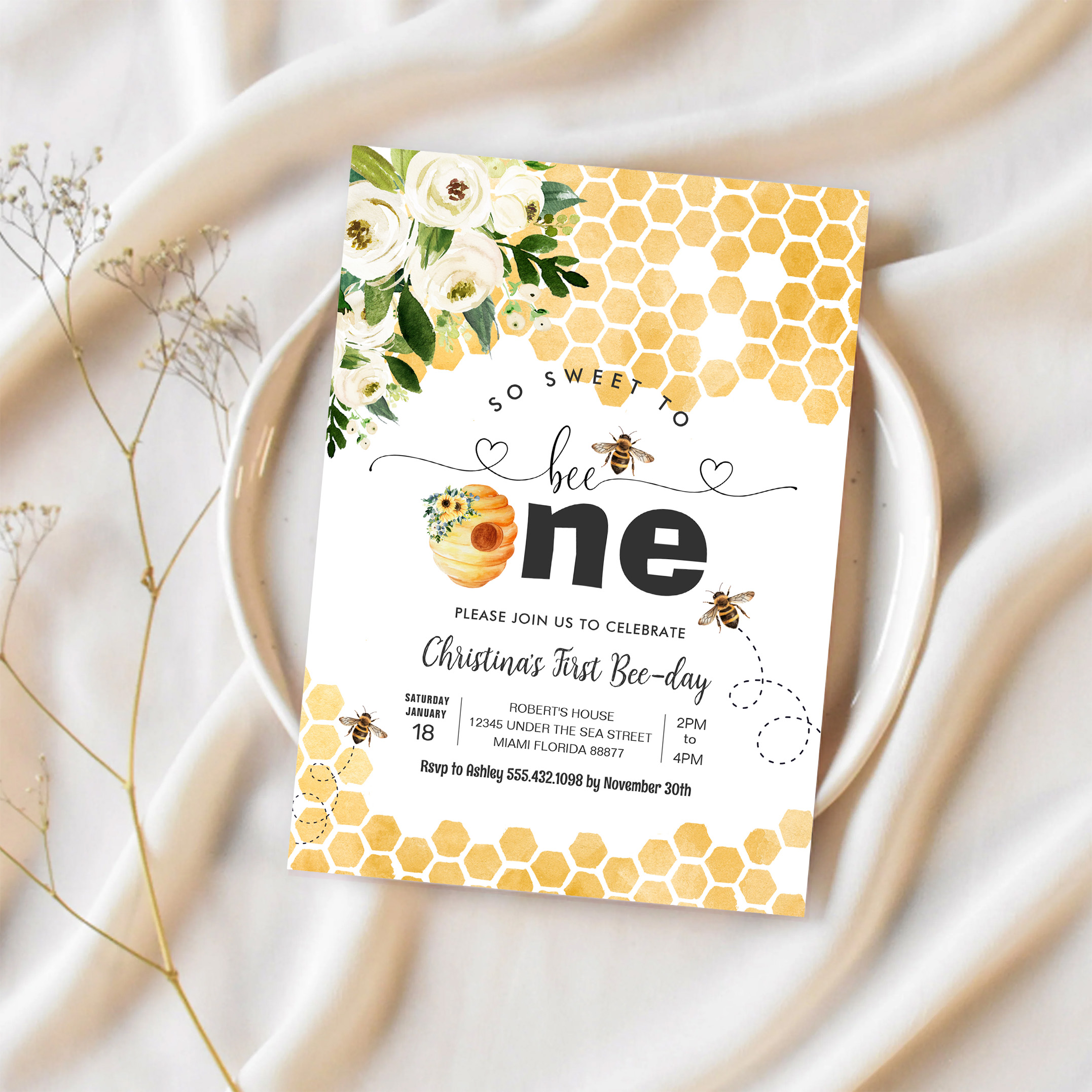 So Sweet To Bee One Bee Theme Party First Birthday Invitation - Image 2