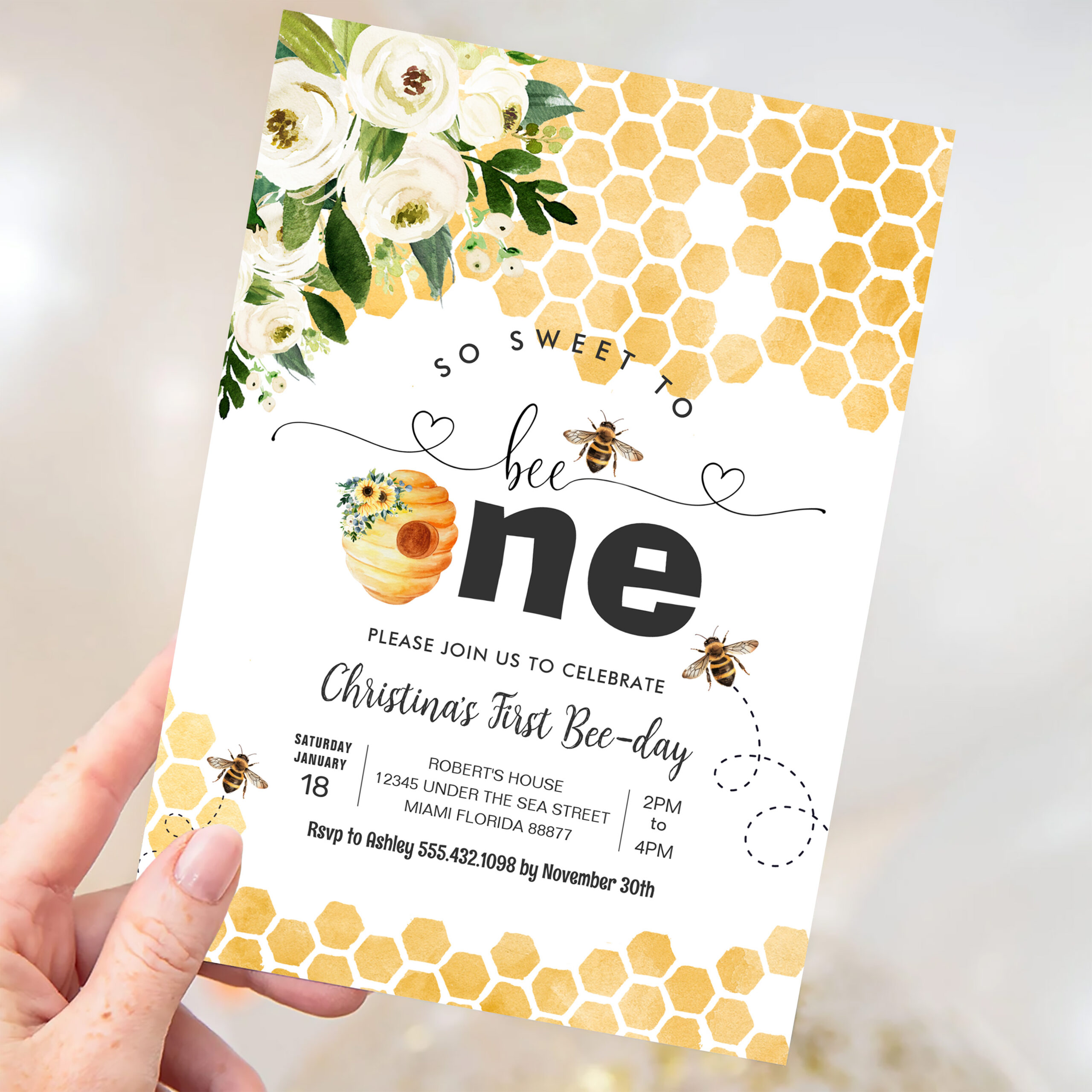 So Sweet To Bee One Bee Theme Party First Birthday Invitation - Image 3