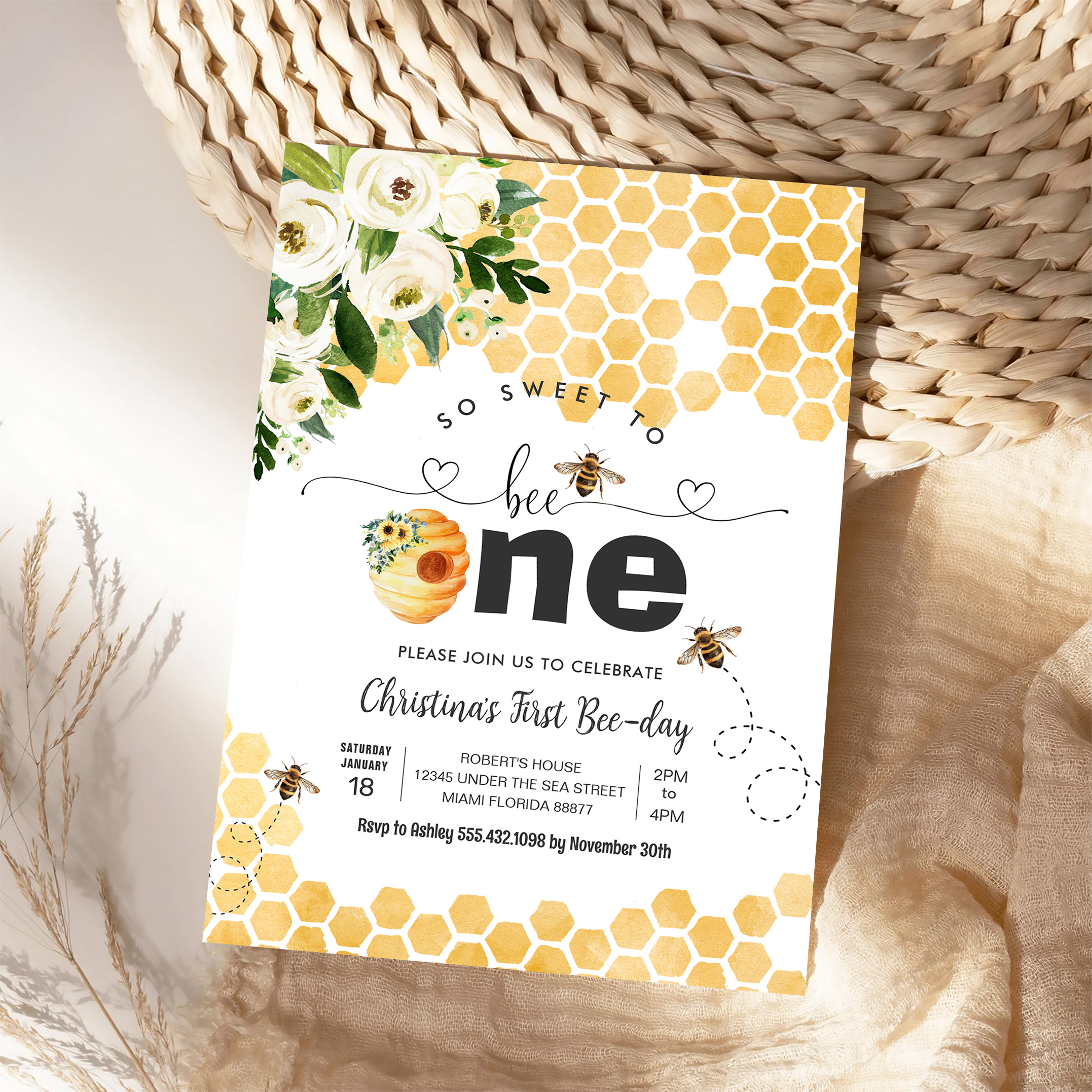 So Sweet To Bee One Bee Theme Party First Birthday Invitation - Image 4