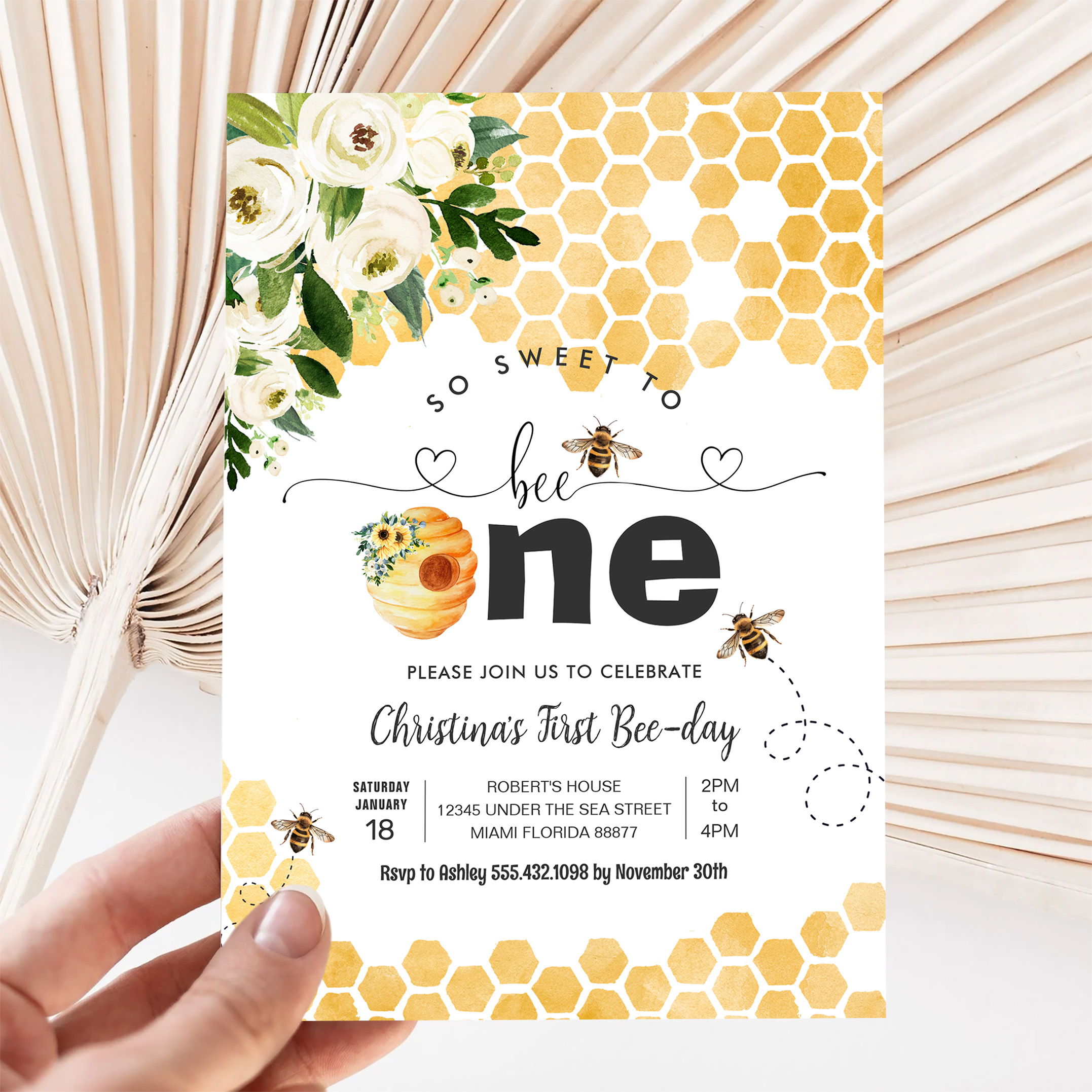So Sweet To Bee One Bee Theme Party First Birthday Invitation - Image 5