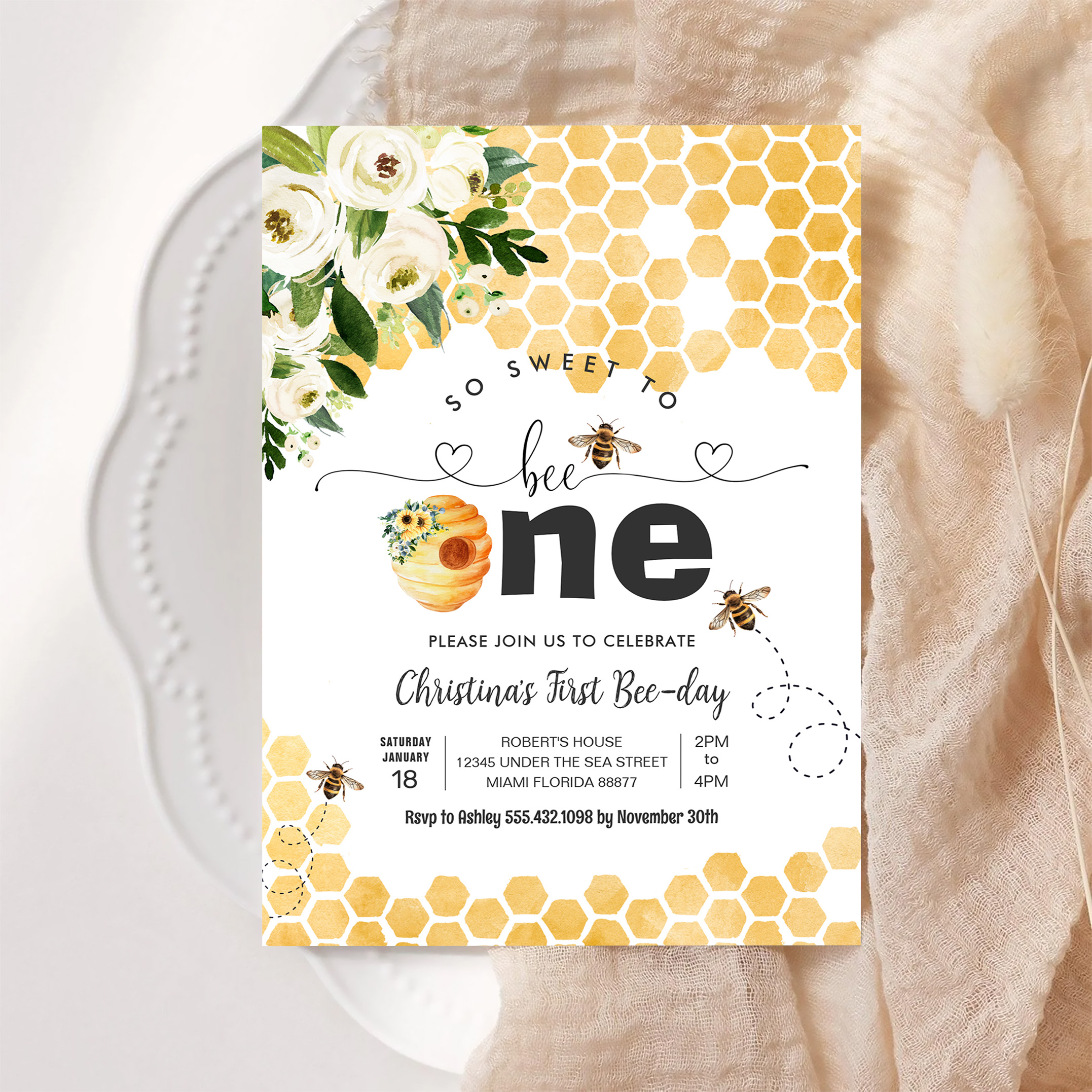 So Sweet To Bee One Bee Theme Party First Birthday Invitation - Image 6