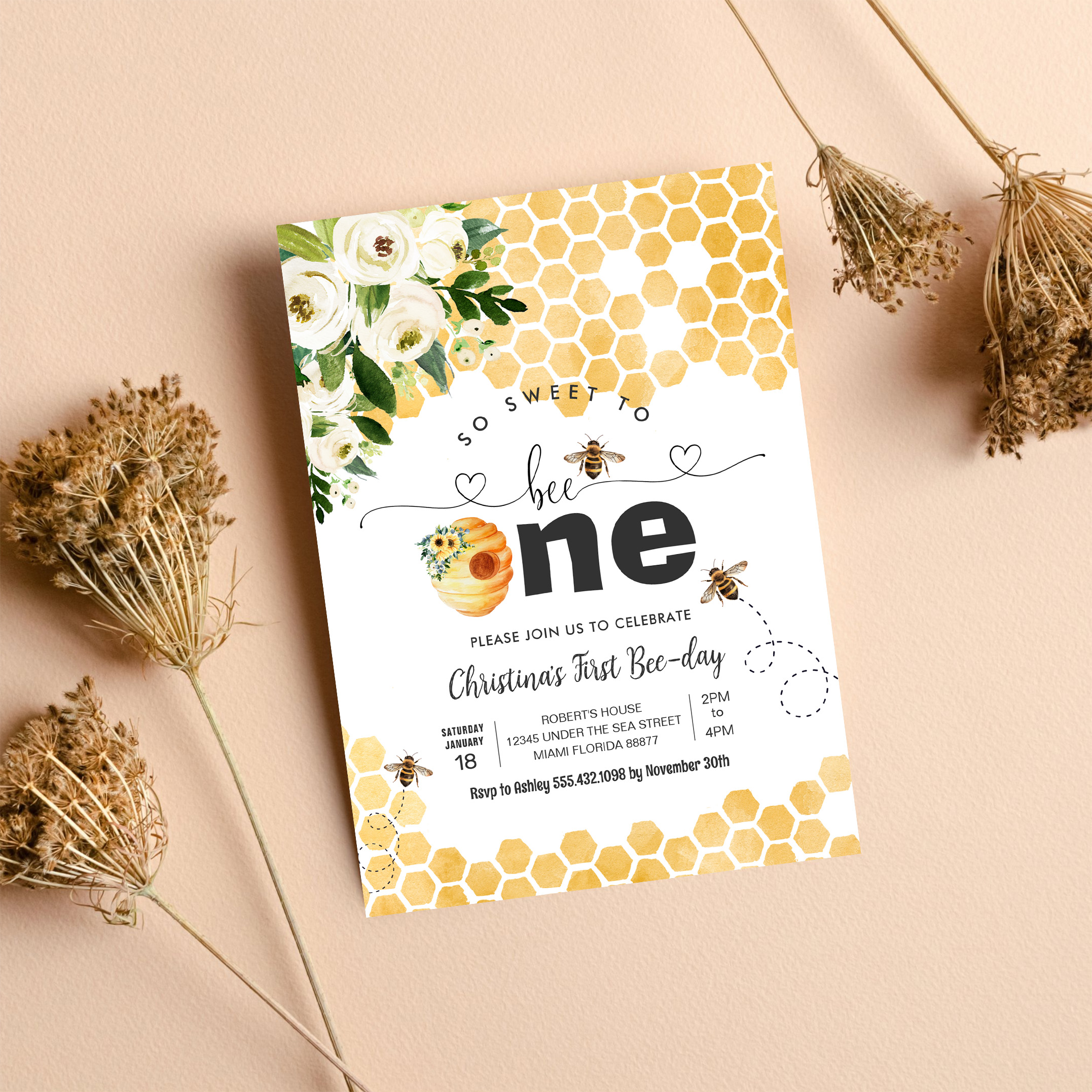 So Sweet To Bee One Bee Theme Party First Birthday Invitation - Image 8