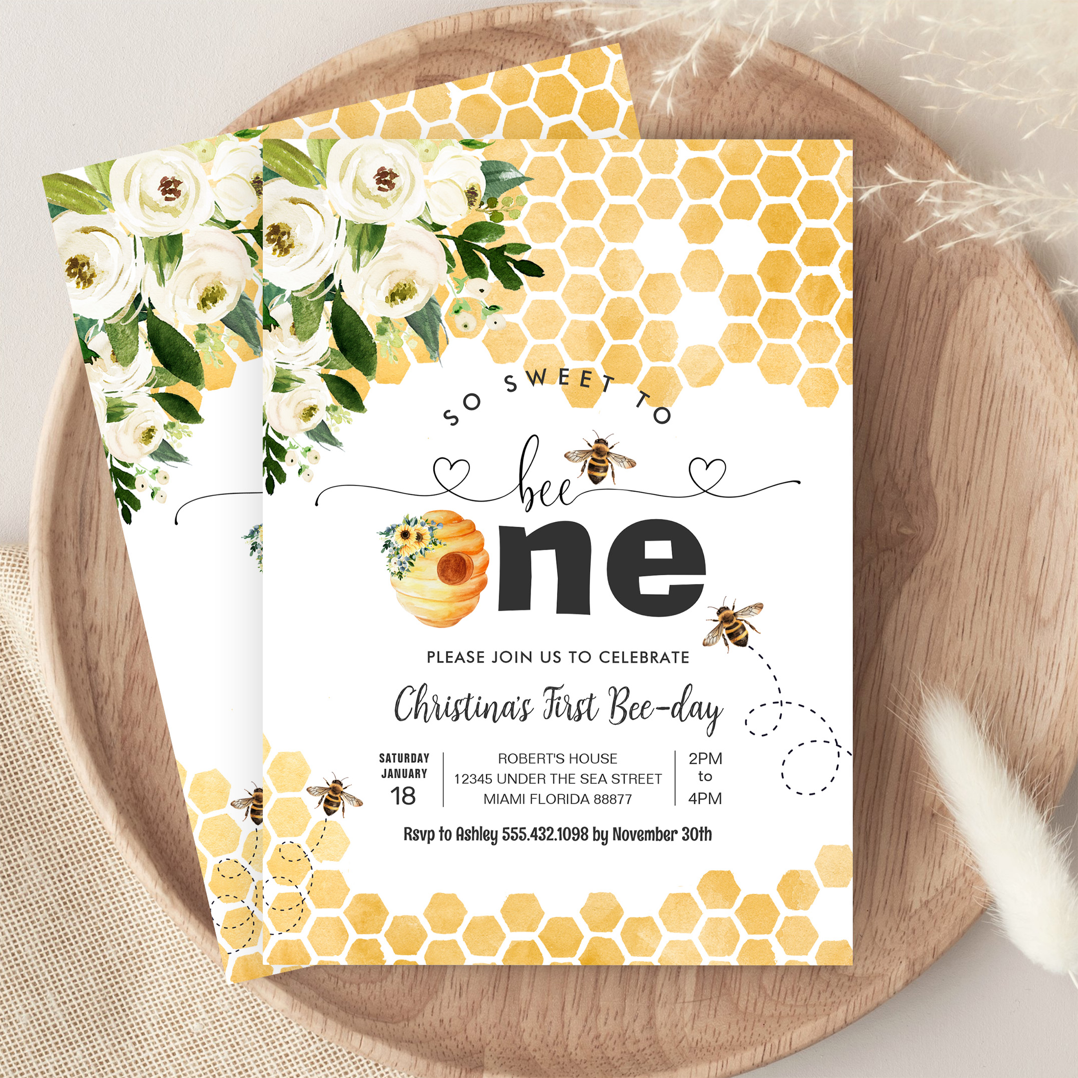 So Sweet To Bee One Bee Theme Party First Birthday Invitation - Image 9