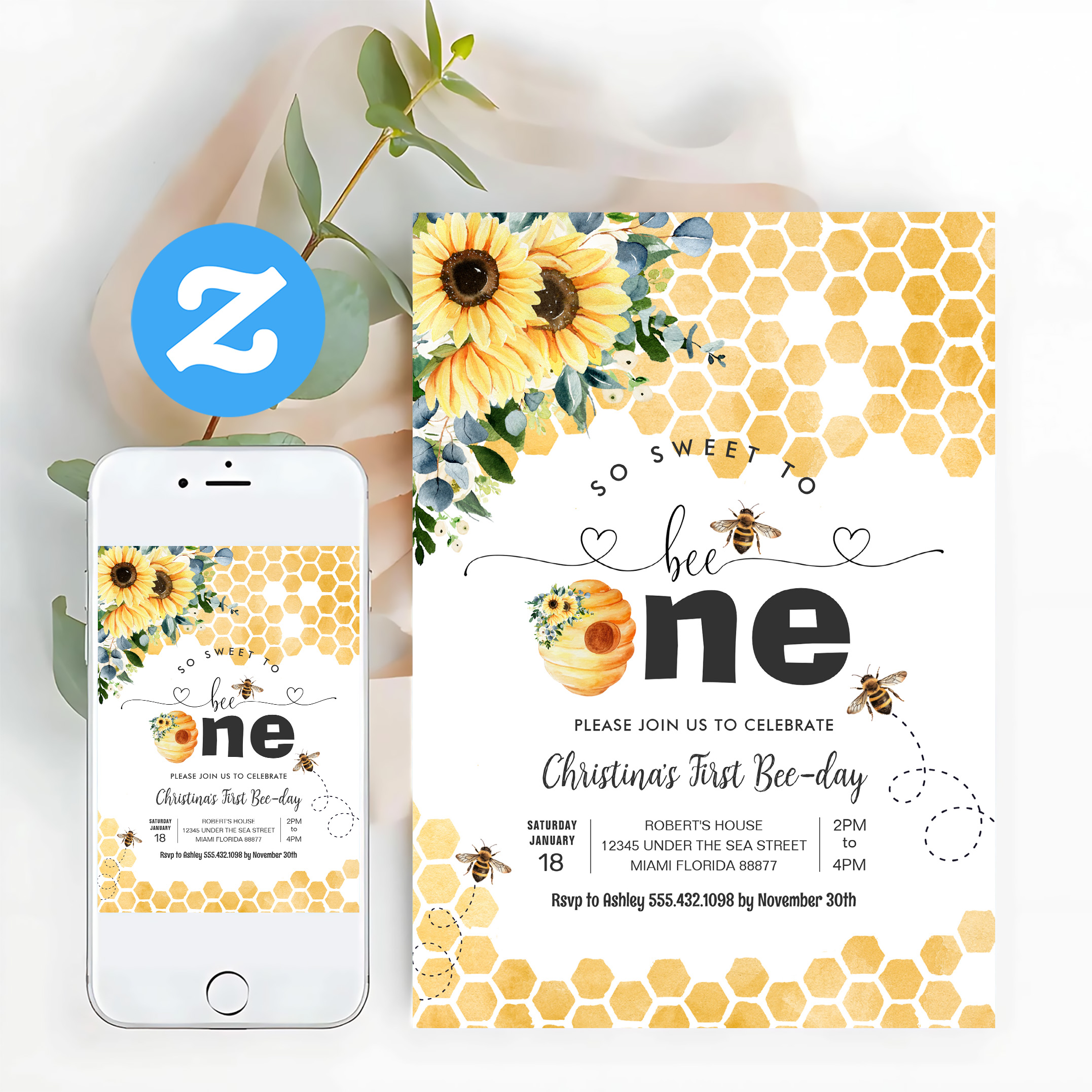 So Sweet To Bee One Bee Theme Party First Birthday Invitation - Image 12