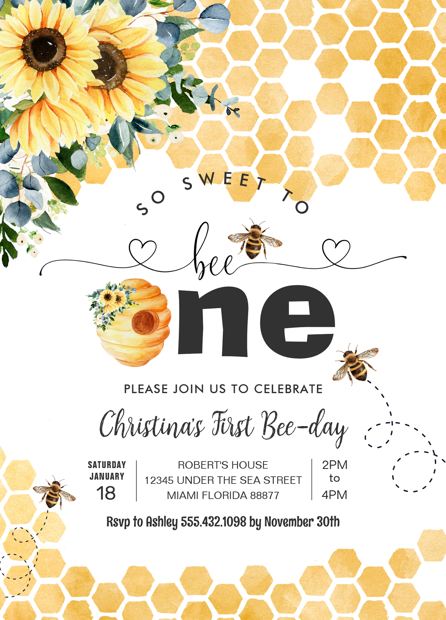 So Sweet To Bee One Bee Theme Party First Birthday Invitation