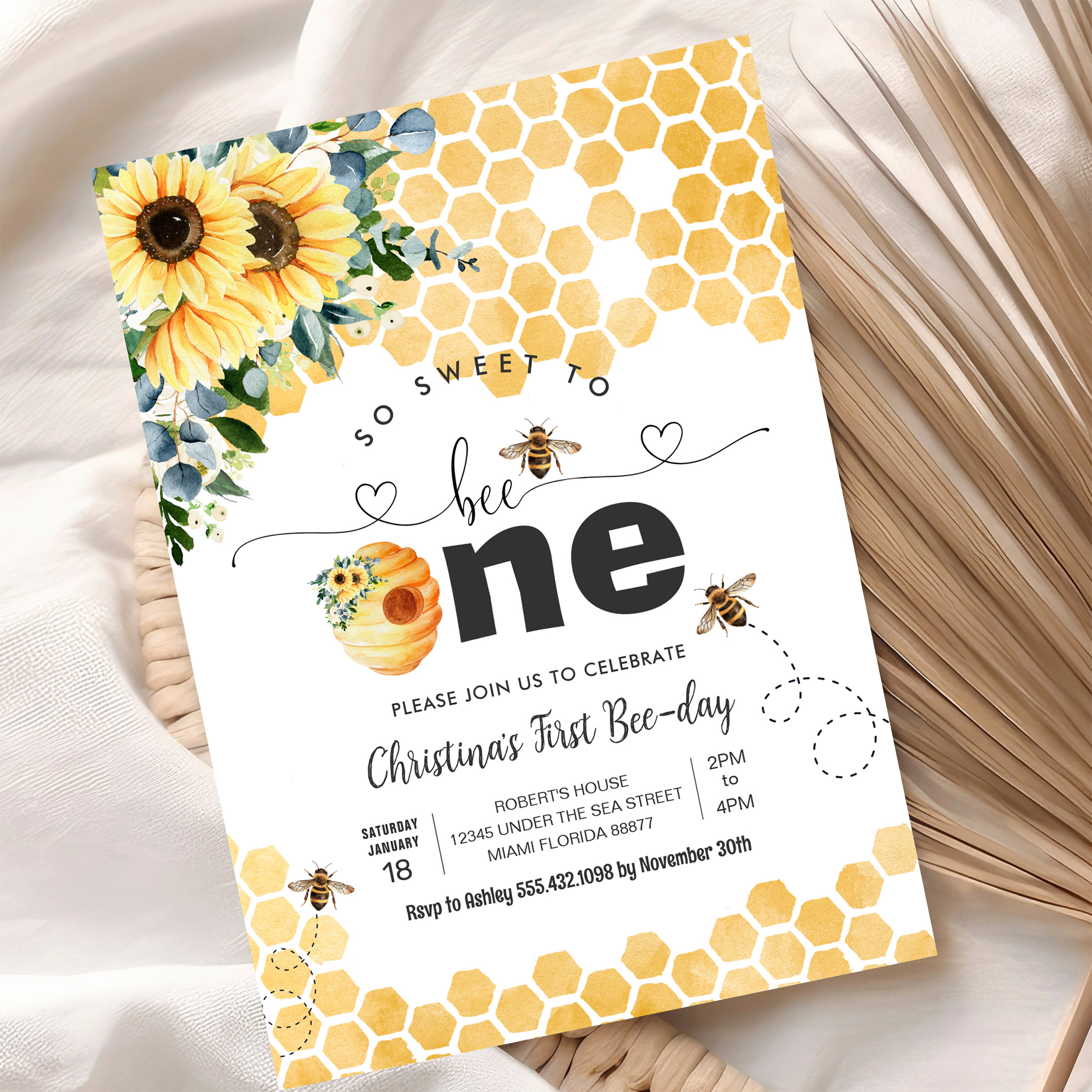 So Sweet To Bee One Bee Theme Party First Birthday Invitation - Image 10