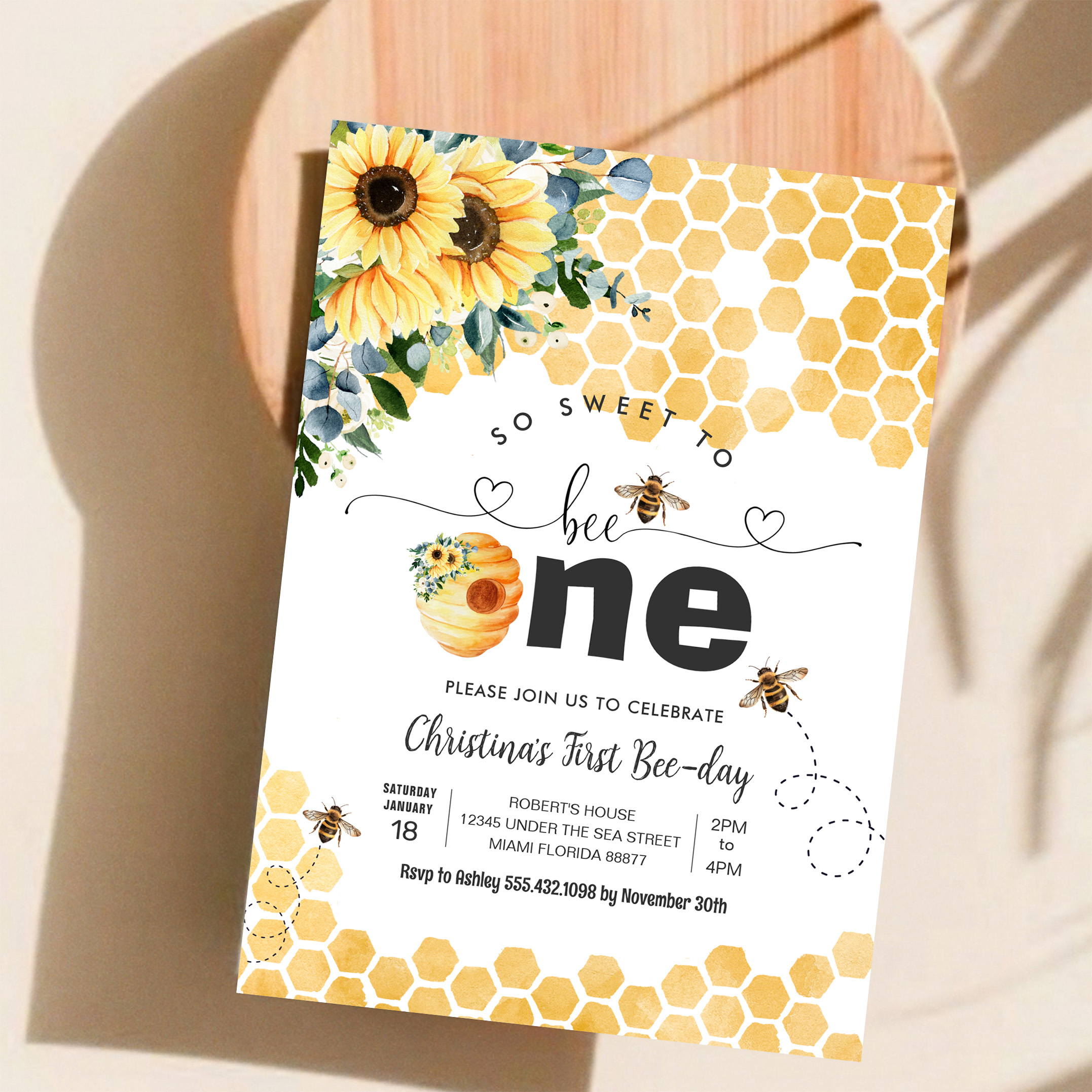 So Sweet To Bee One Bee Theme Party First Birthday Invitation - Image 11