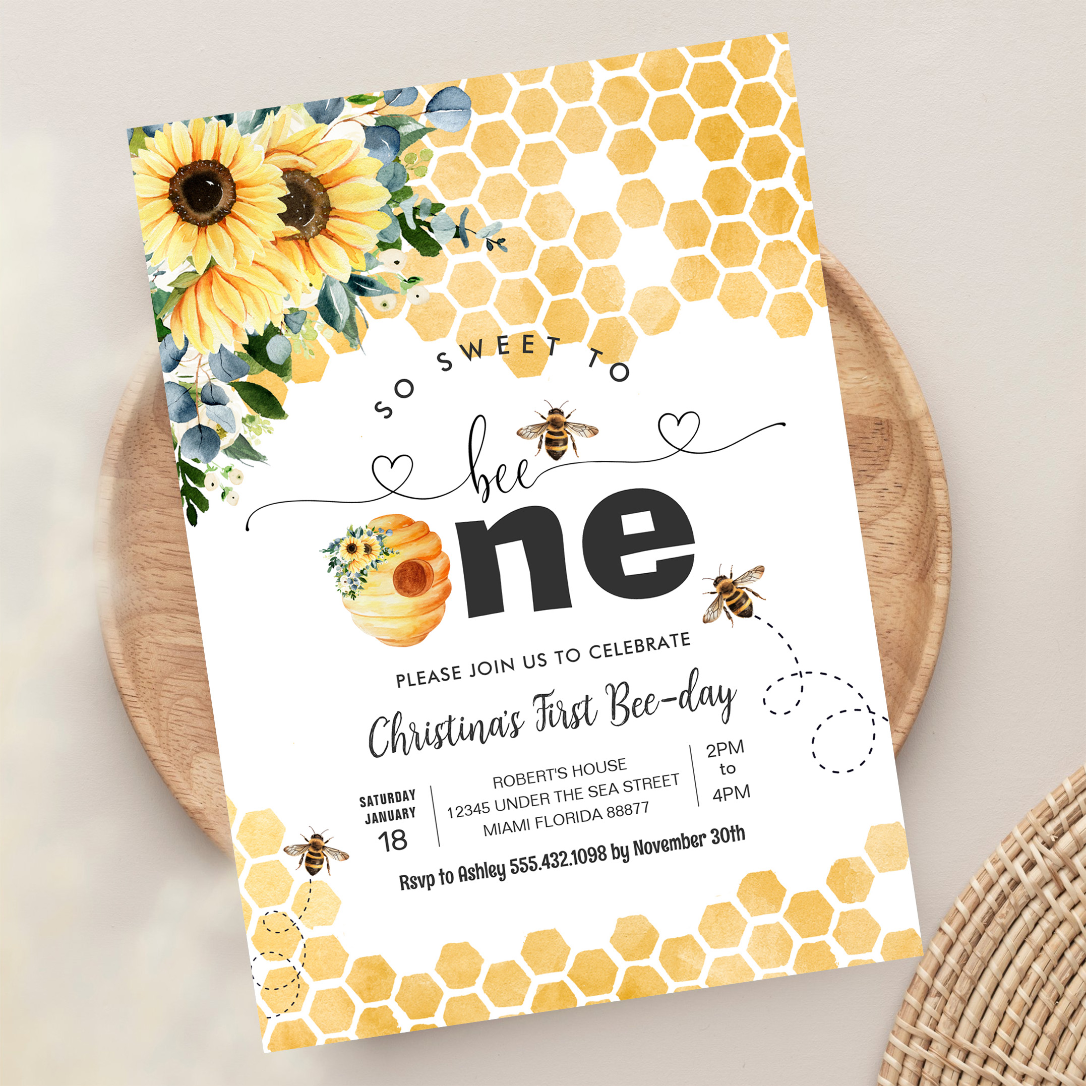 So Sweet To Bee One Bee Theme Party First Birthday Invitation - Image 13