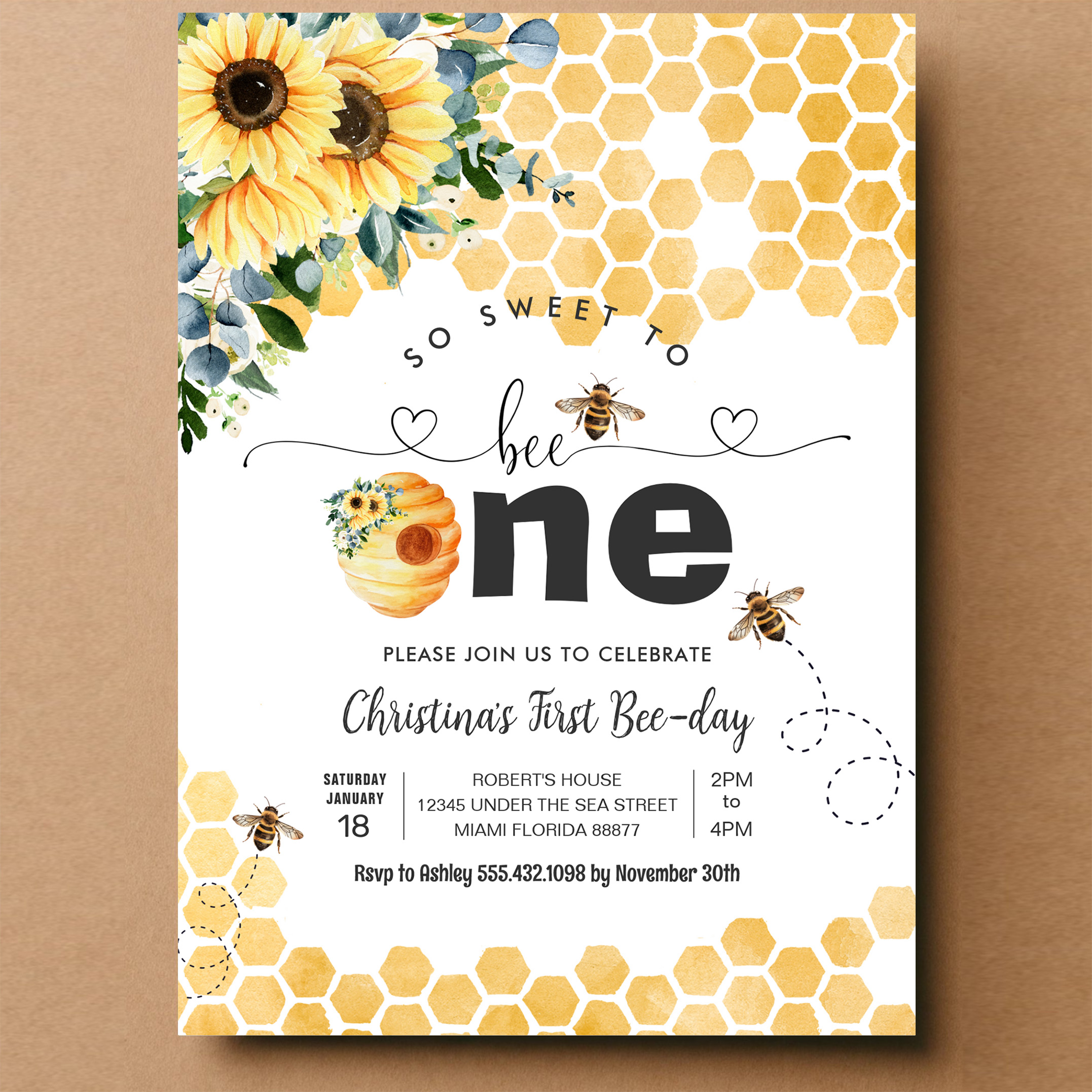 So Sweet To Bee One Bee Theme Party First Birthday Invitation - Image 14