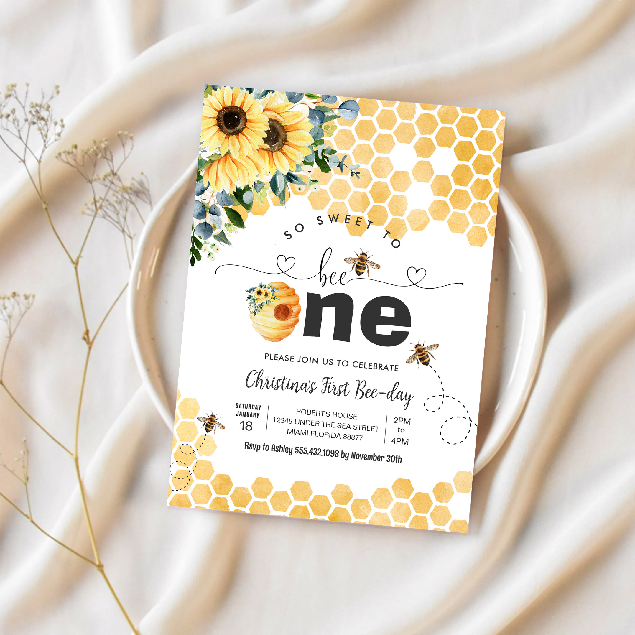 So Sweet To Bee One Bee Theme Party First Birthday Invitation - Image 2