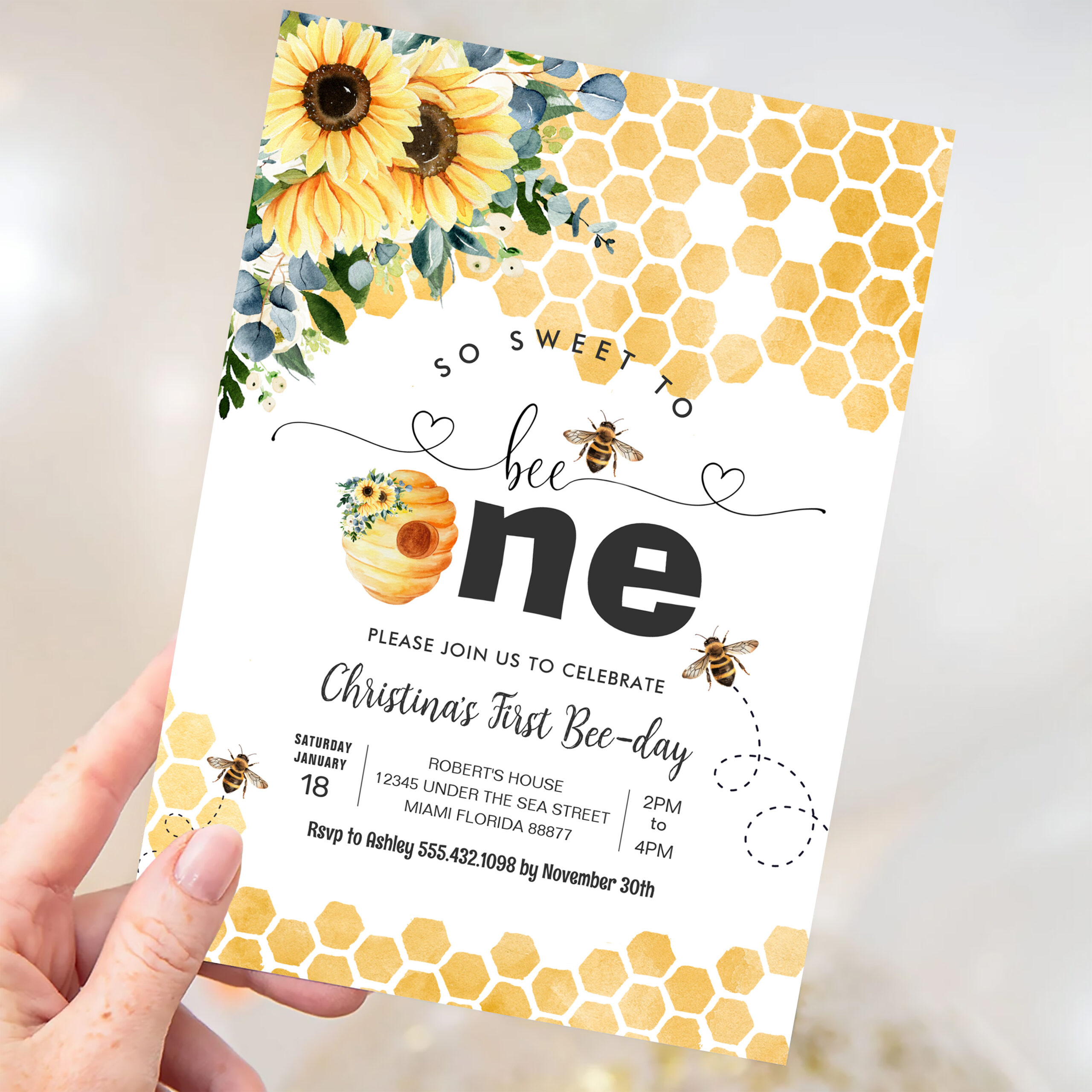 So Sweet To Bee One Bee Theme Party First Birthday Invitation - Image 3