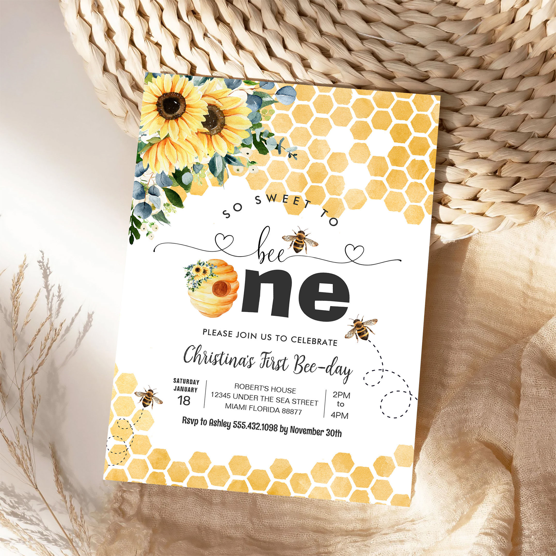 So Sweet To Bee One Bee Theme Party First Birthday Invitation - Image 4