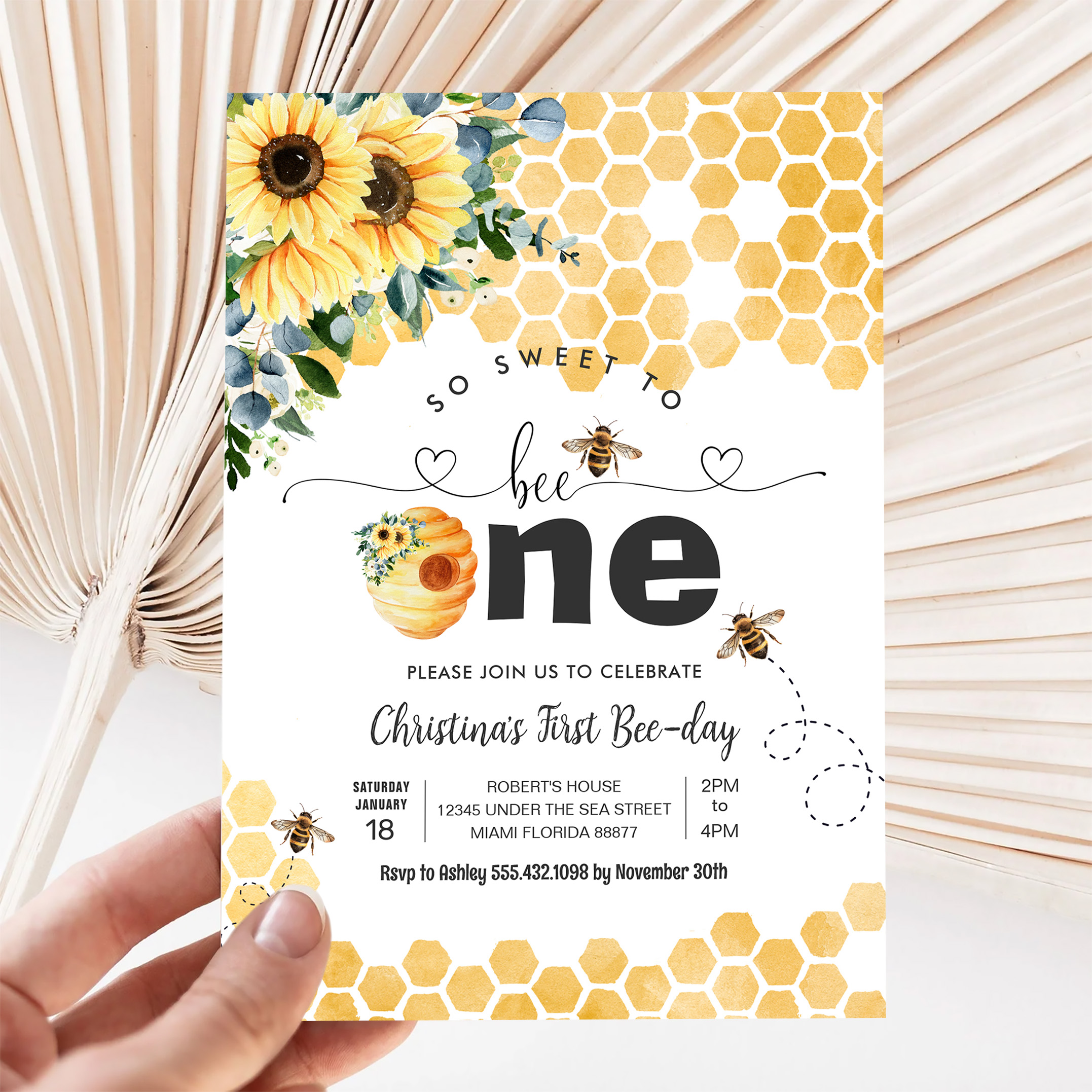 So Sweet To Bee One Bee Theme Party First Birthday Invitation - Image 5
