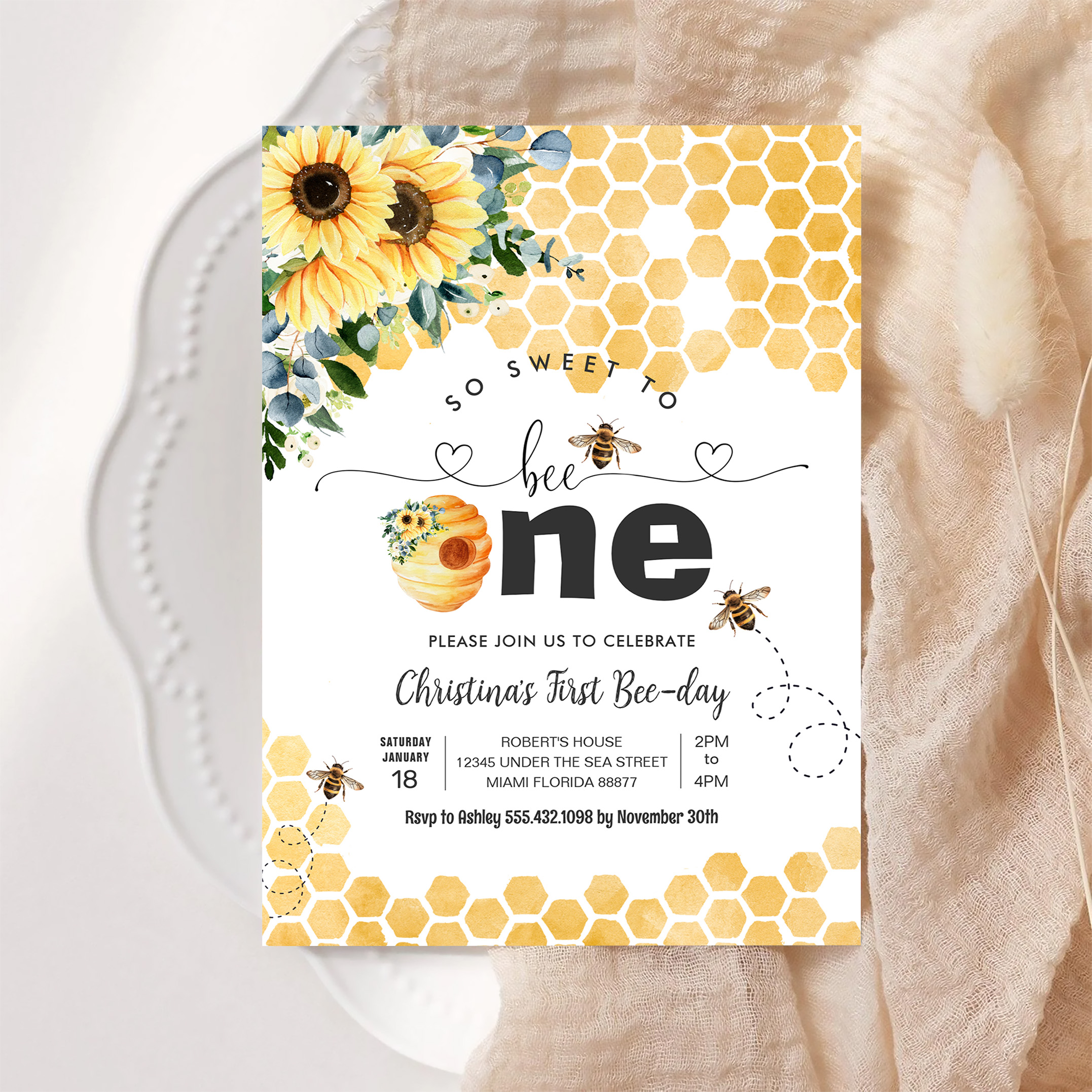 So Sweet To Bee One Bee Theme Party First Birthday Invitation - Image 6