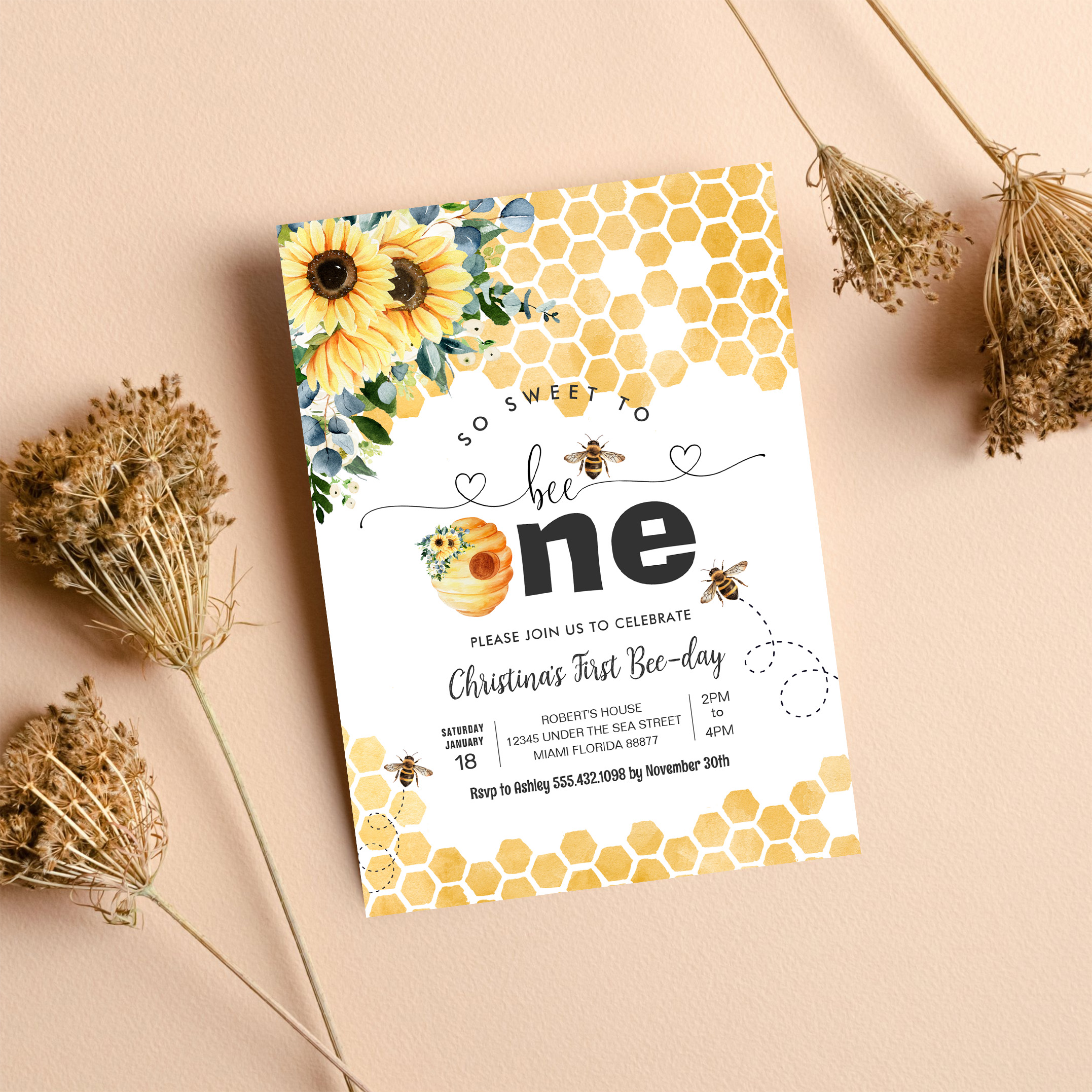 So Sweet To Bee One Bee Theme Party First Birthday Invitation - Image 8