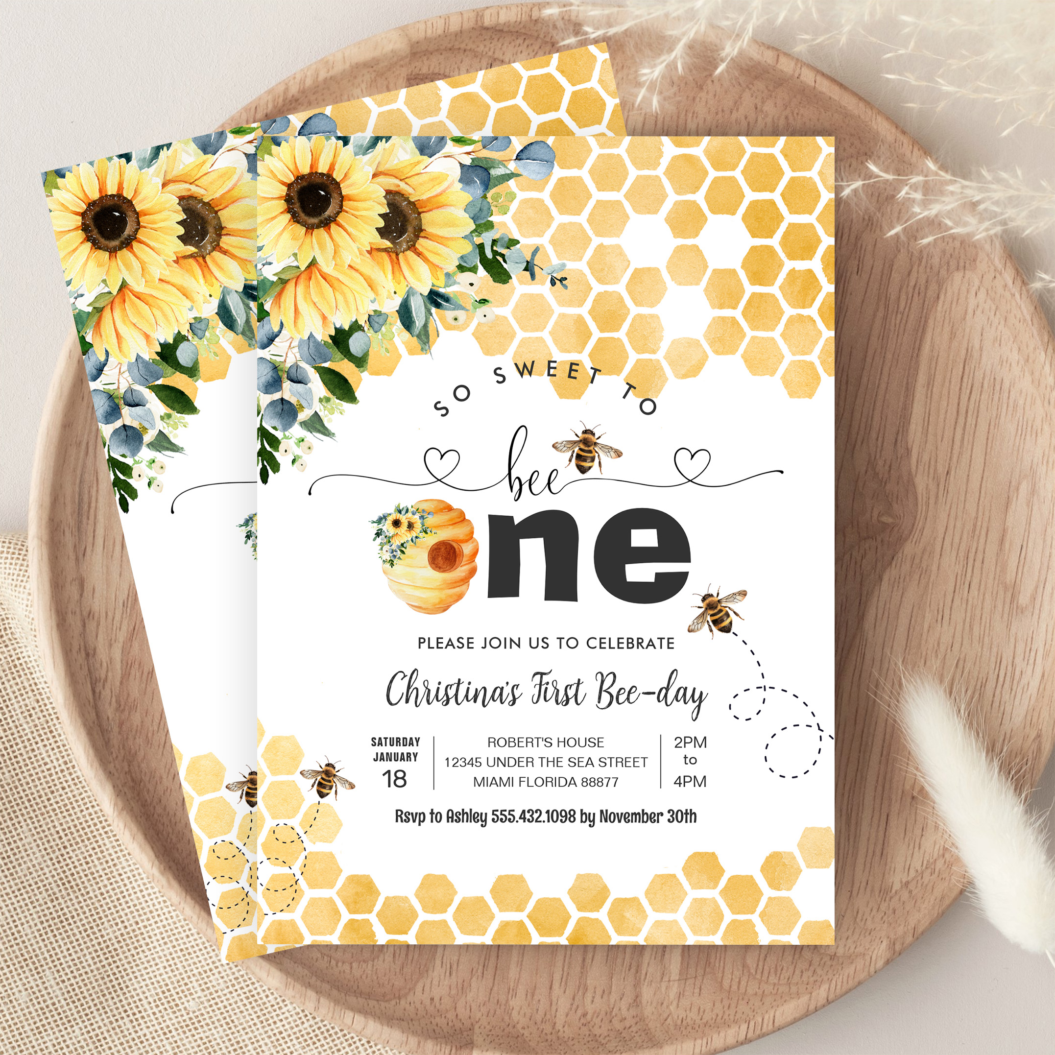 So Sweet To Bee One Bee Theme Party First Birthday Invitation - Image 9