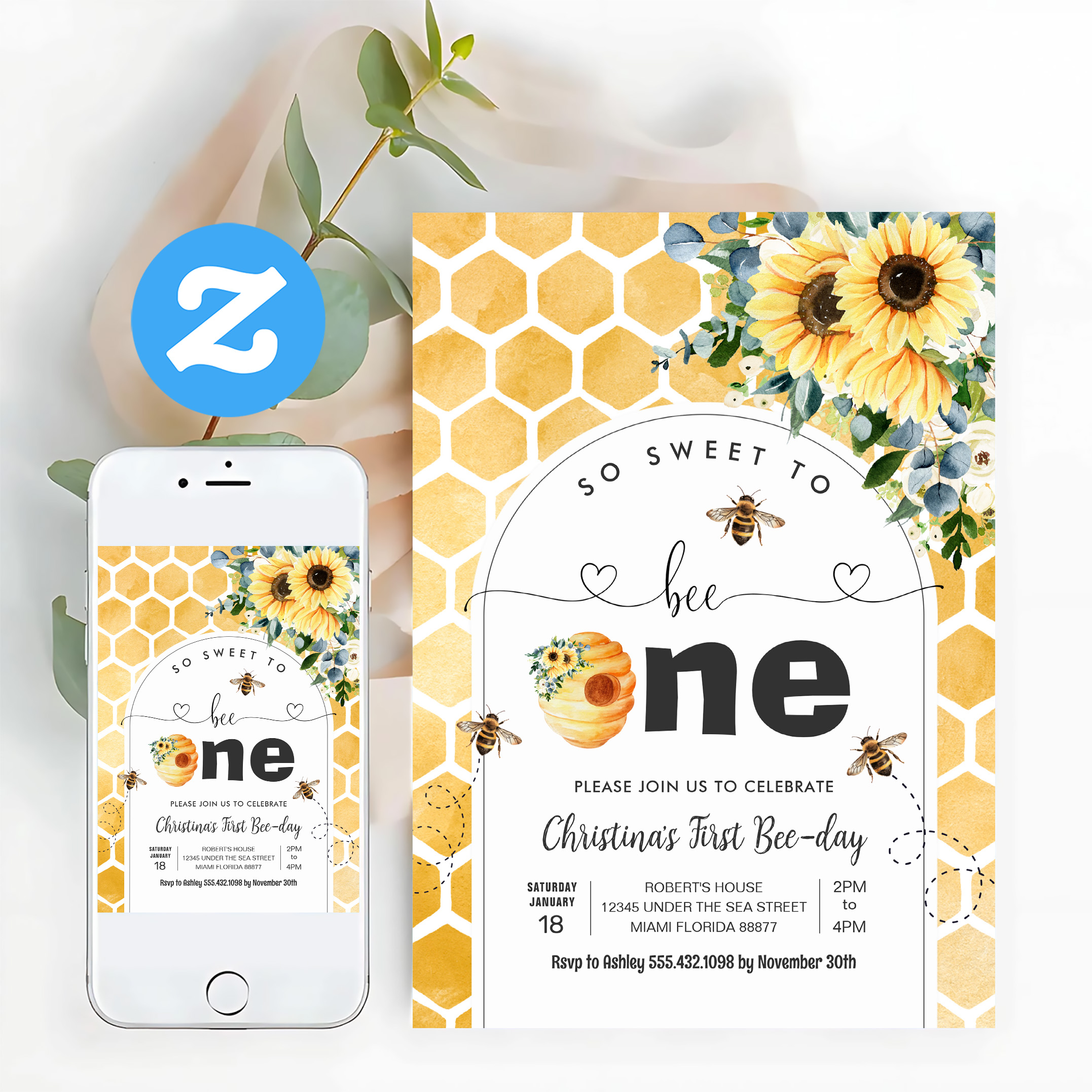 So Sweet To Bee One Bee Theme Party First Birthday Invitation - Image 12