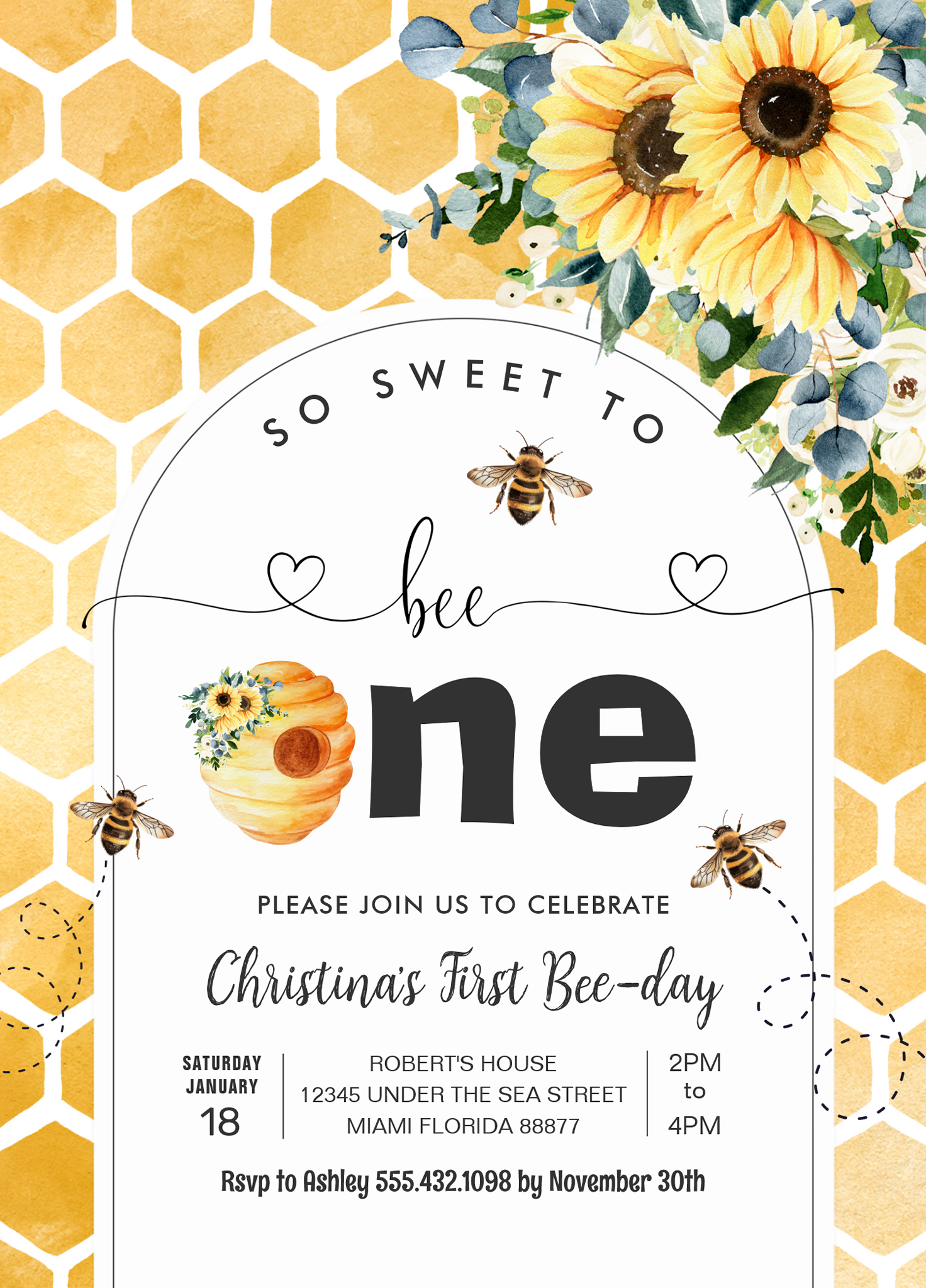 So Sweet To Bee One Bee Theme Party First Birthday Invitation