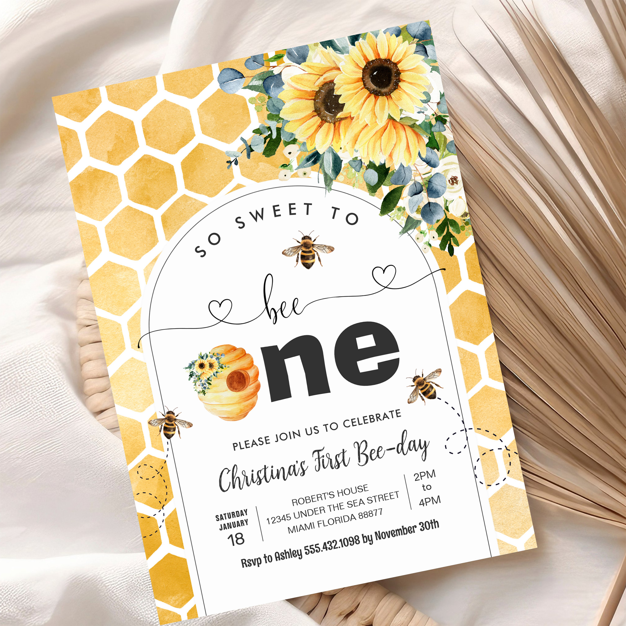 So Sweet To Bee One Bee Theme Party First Birthday Invitation - Image 10