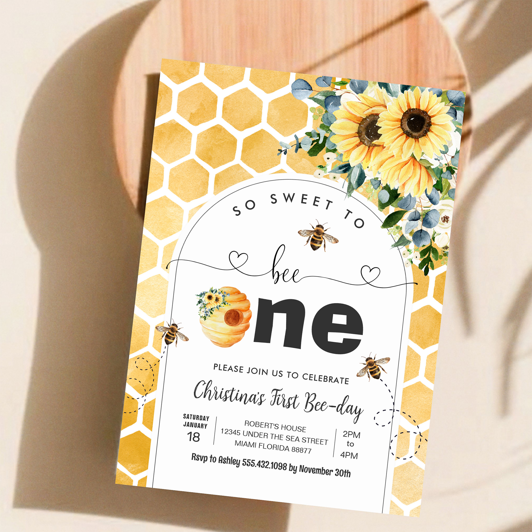 So Sweet To Bee One Bee Theme Party First Birthday Invitation - Image 11
