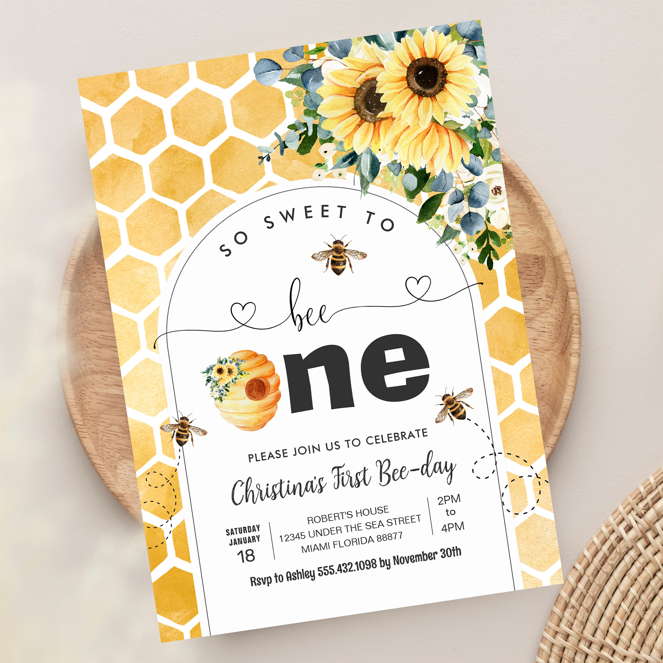 So Sweet To Bee One Bee Theme Party First Birthday Invitation - Image 13