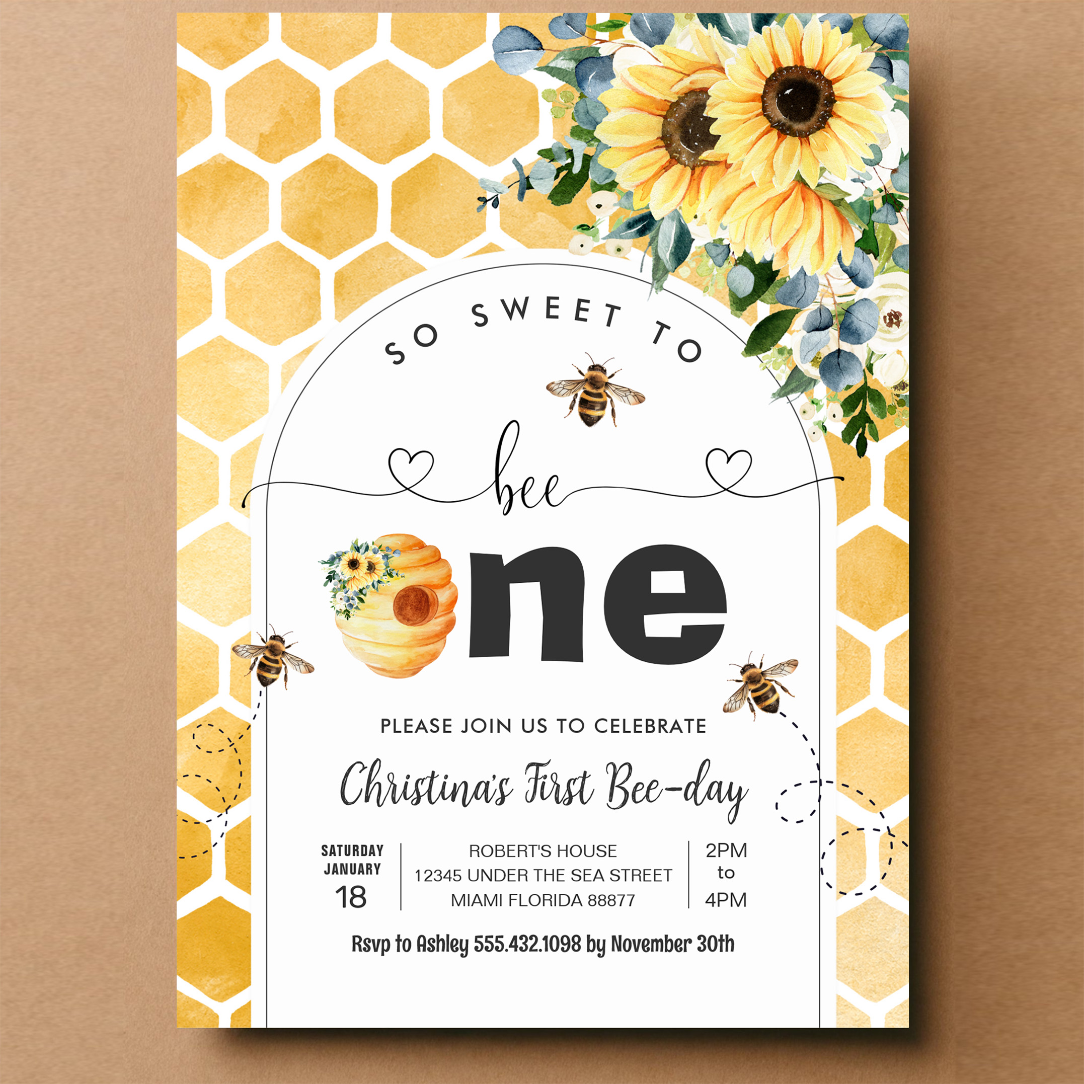 So Sweet To Bee One Bee Theme Party First Birthday Invitation - Image 14