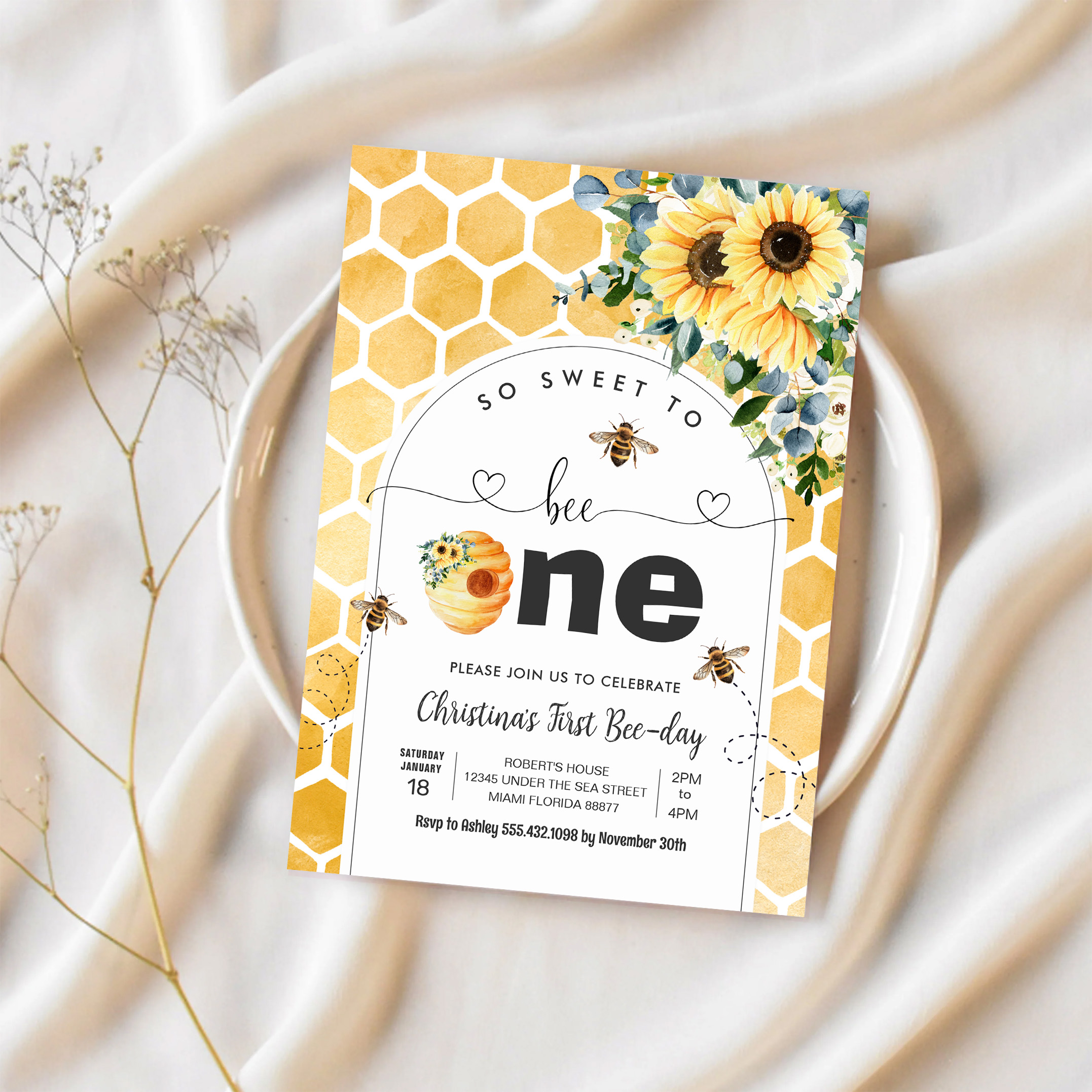 So Sweet To Bee One Bee Theme Party First Birthday Invitation - Image 2