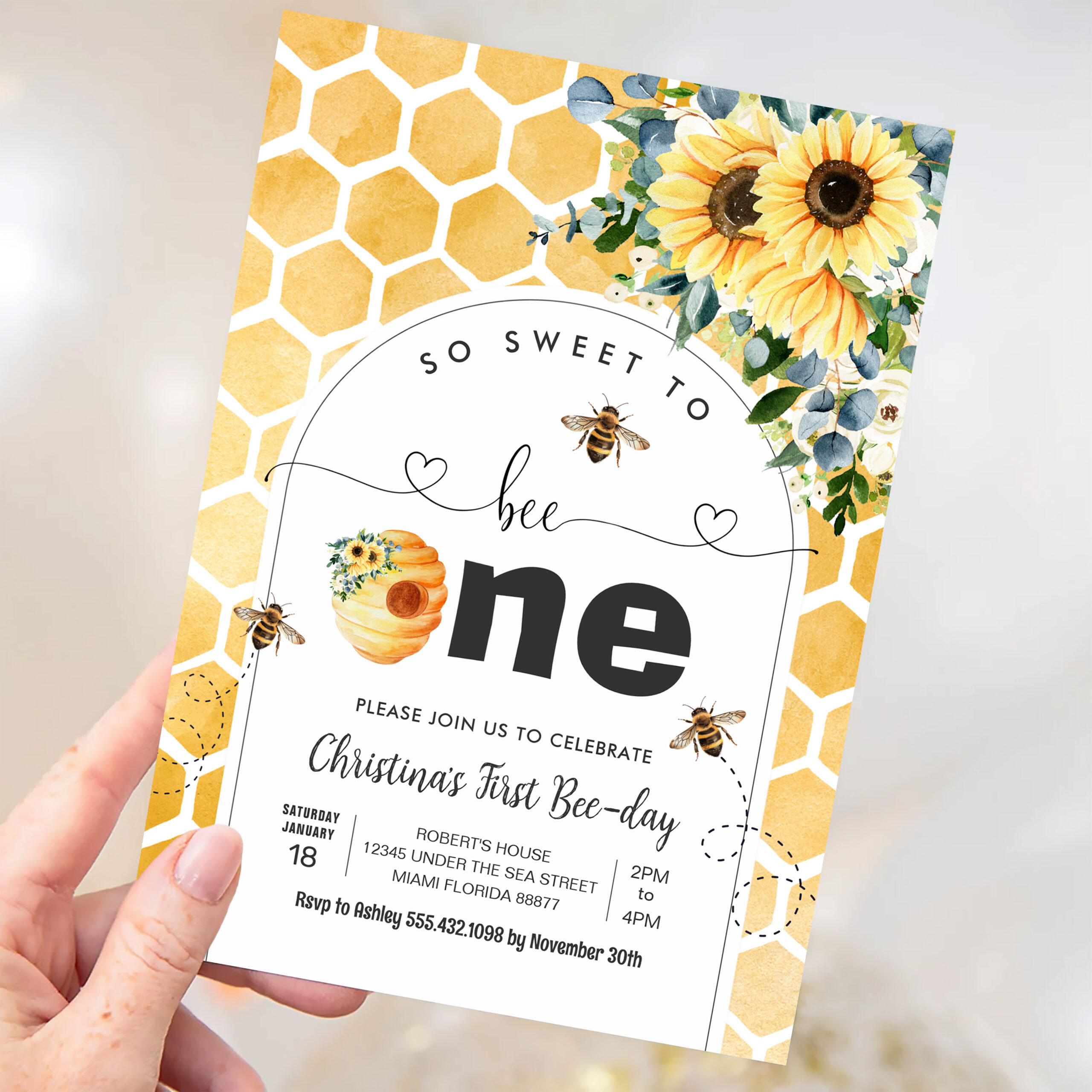 So Sweet To Bee One Bee Theme Party First Birthday Invitation - Image 3