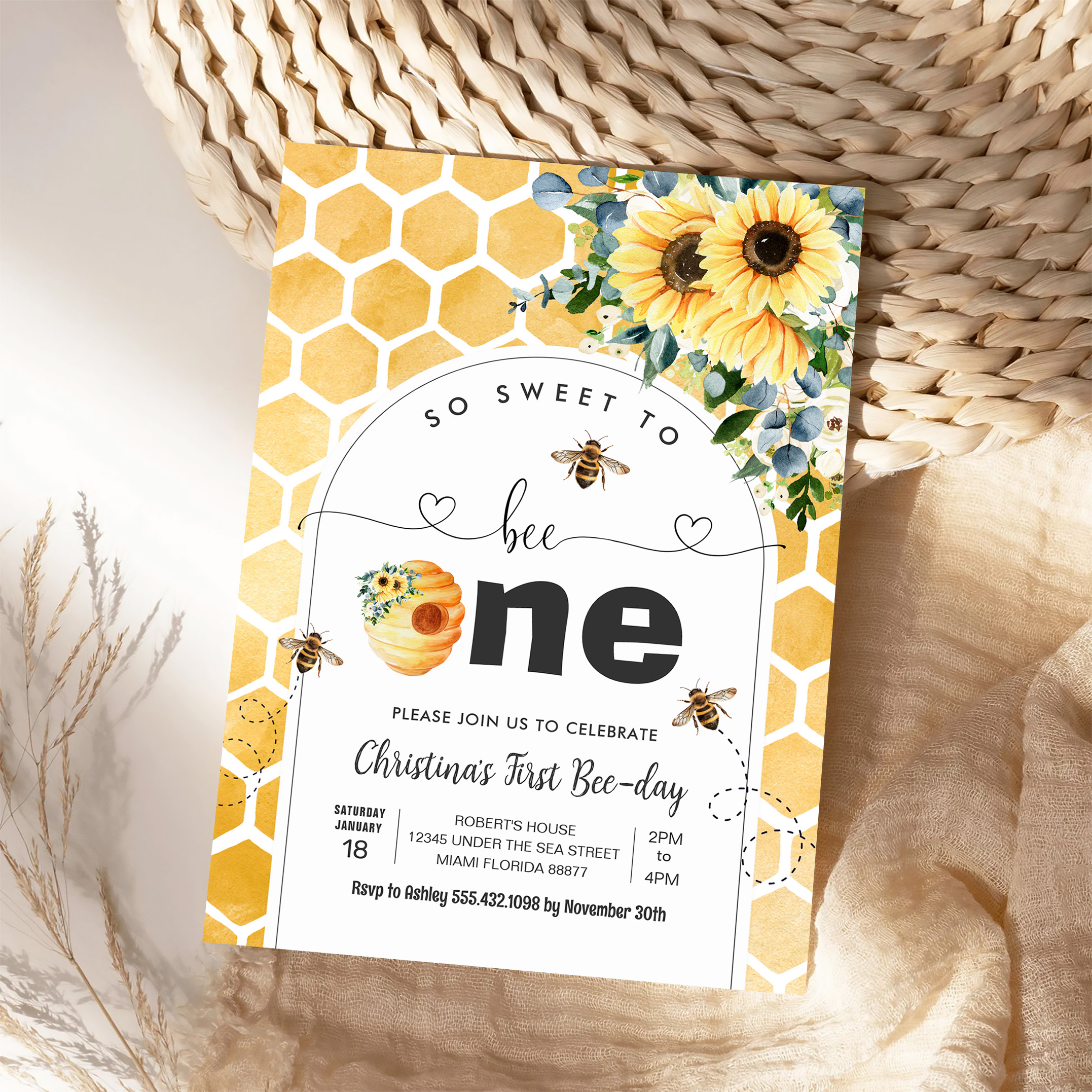 So Sweet To Bee One Bee Theme Party First Birthday Invitation - Image 4