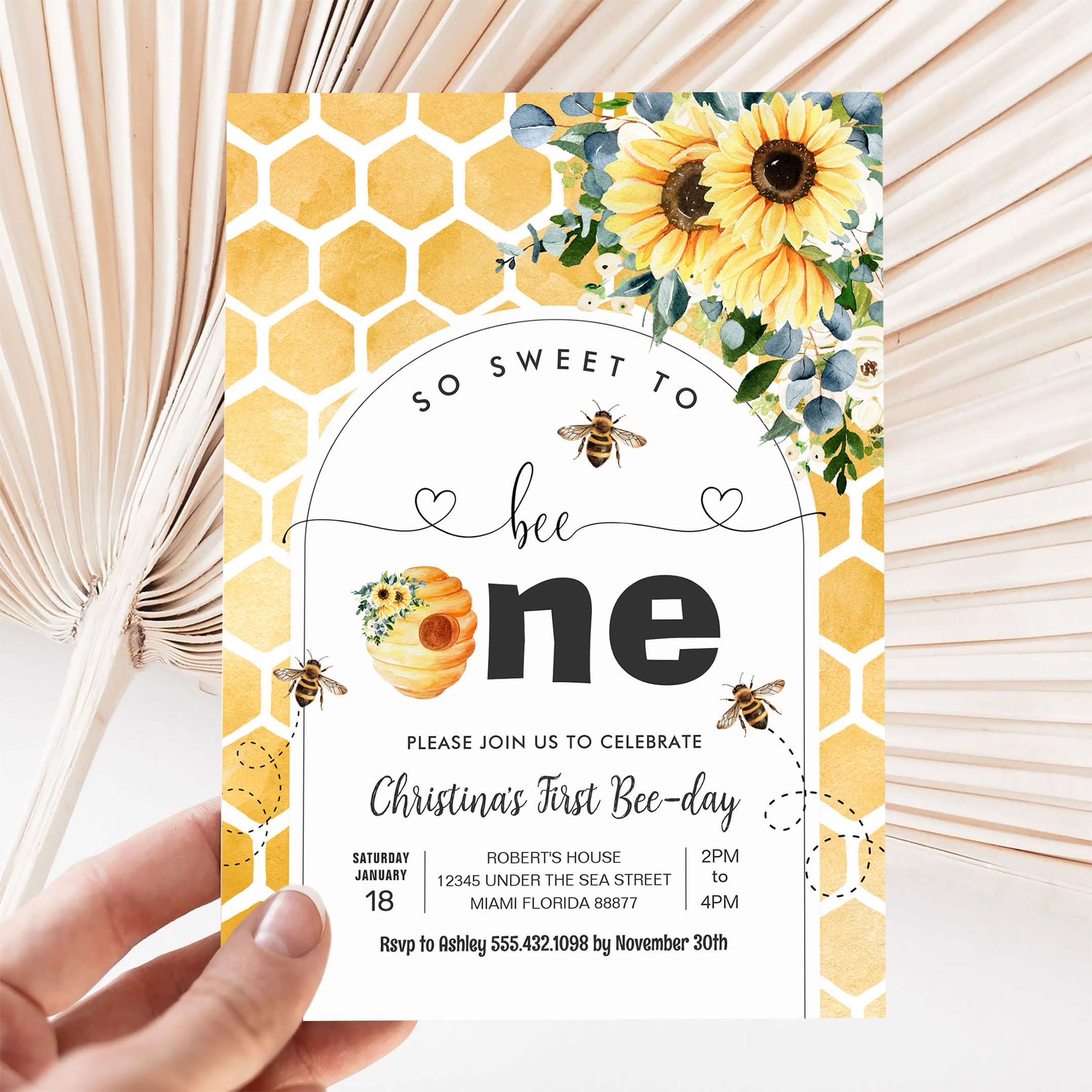 So Sweet To Bee One Bee Theme Party First Birthday Invitation - Image 5