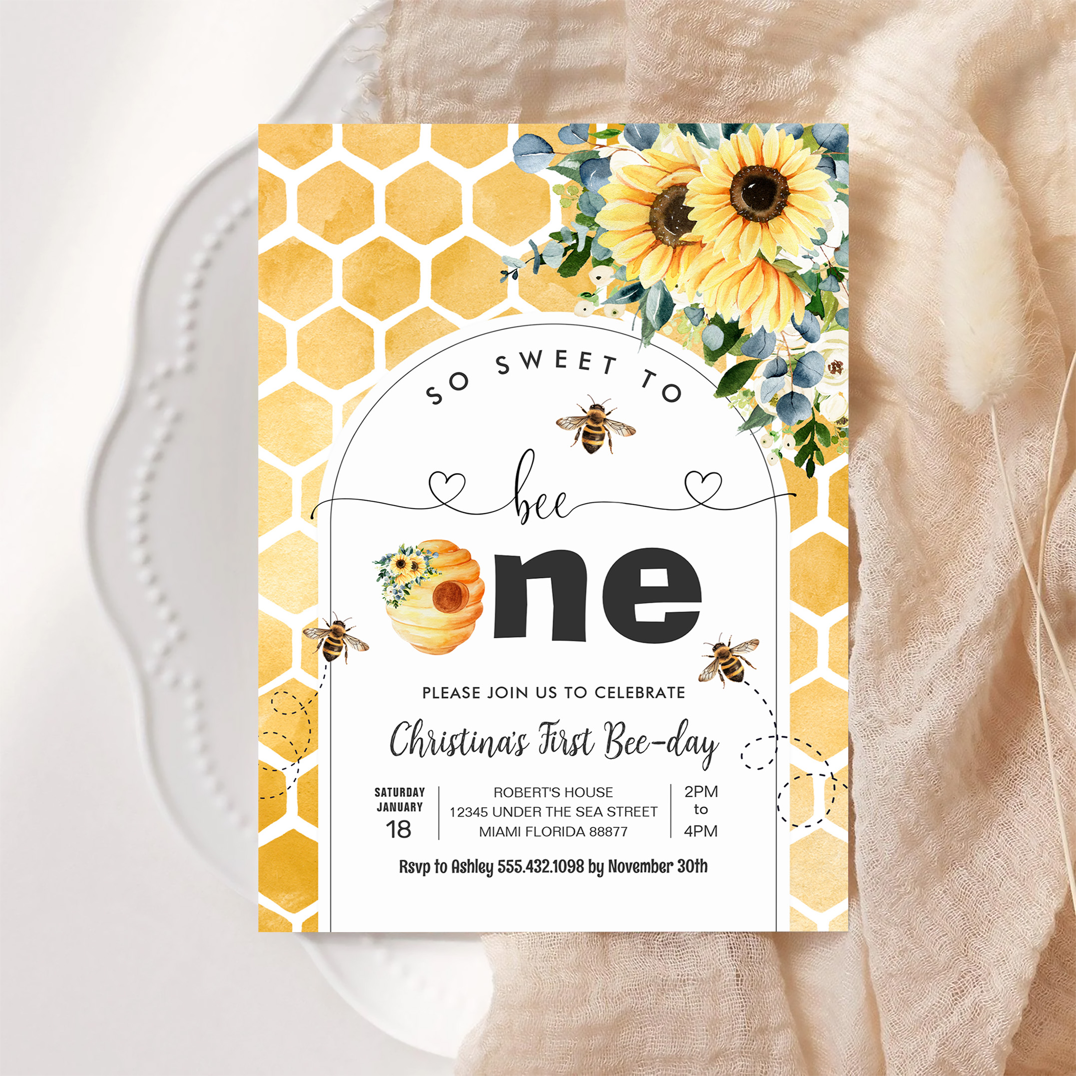So Sweet To Bee One Bee Theme Party First Birthday Invitation - Image 6
