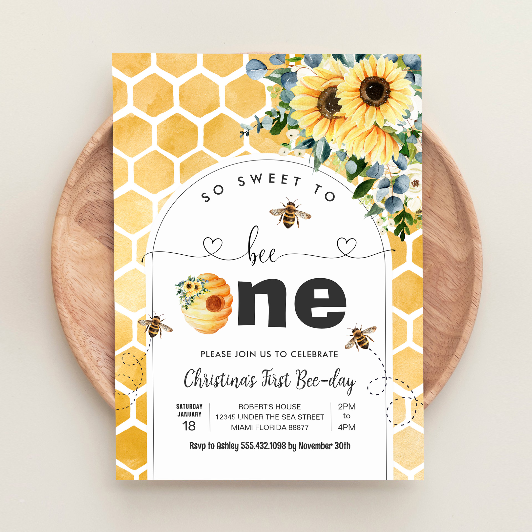 So Sweet To Bee One Bee Theme Party First Birthday Invitation - Image 7