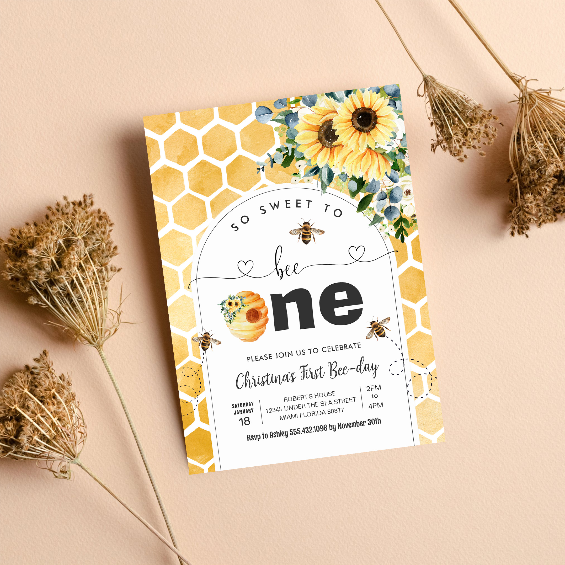 So Sweet To Bee One Bee Theme Party First Birthday Invitation - Image 8
