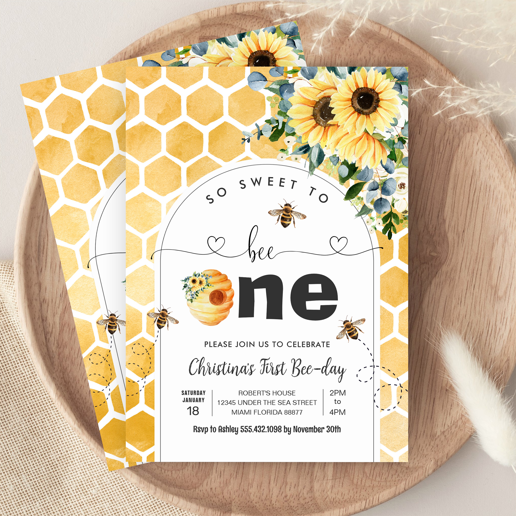So Sweet To Bee One Bee Theme Party First Birthday Invitation - Image 9