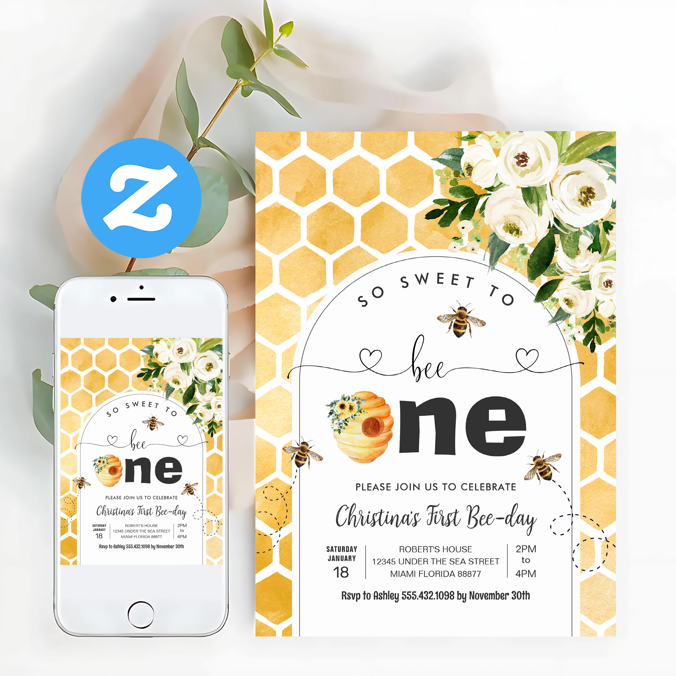 So Sweet To Bee One Bee Theme Party First Birthday Invitation - Image 12