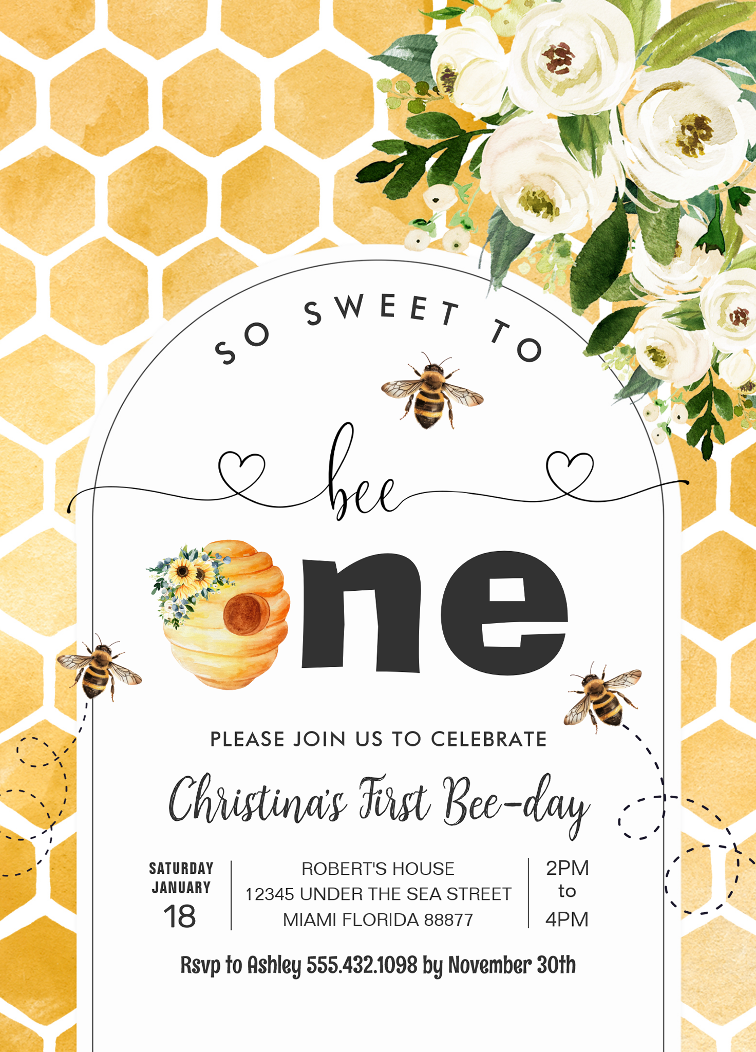 So Sweet To Bee One Bee Theme Party First Birthday Invitation