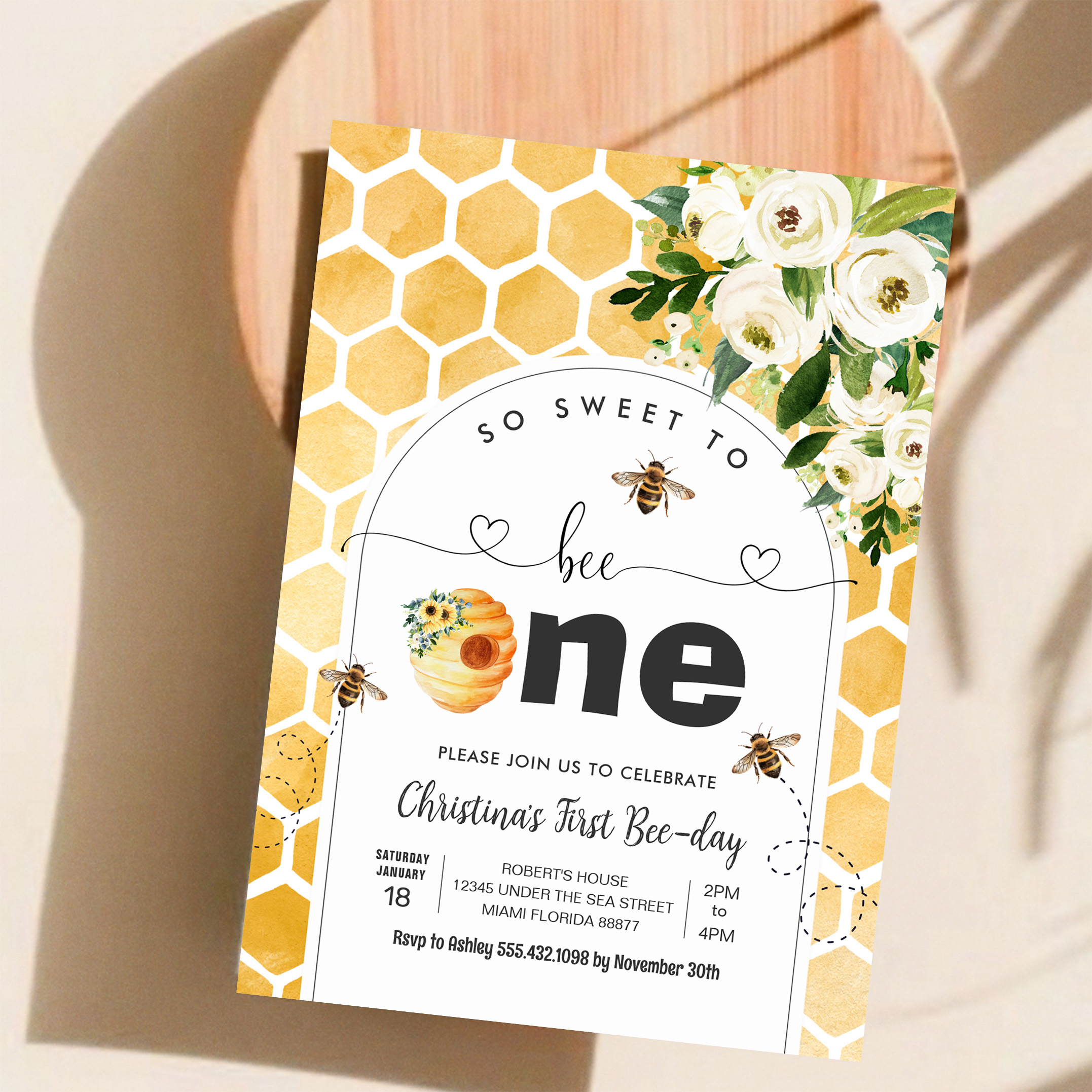 So Sweet To Bee One Bee Theme Party First Birthday Invitation - Image 11
