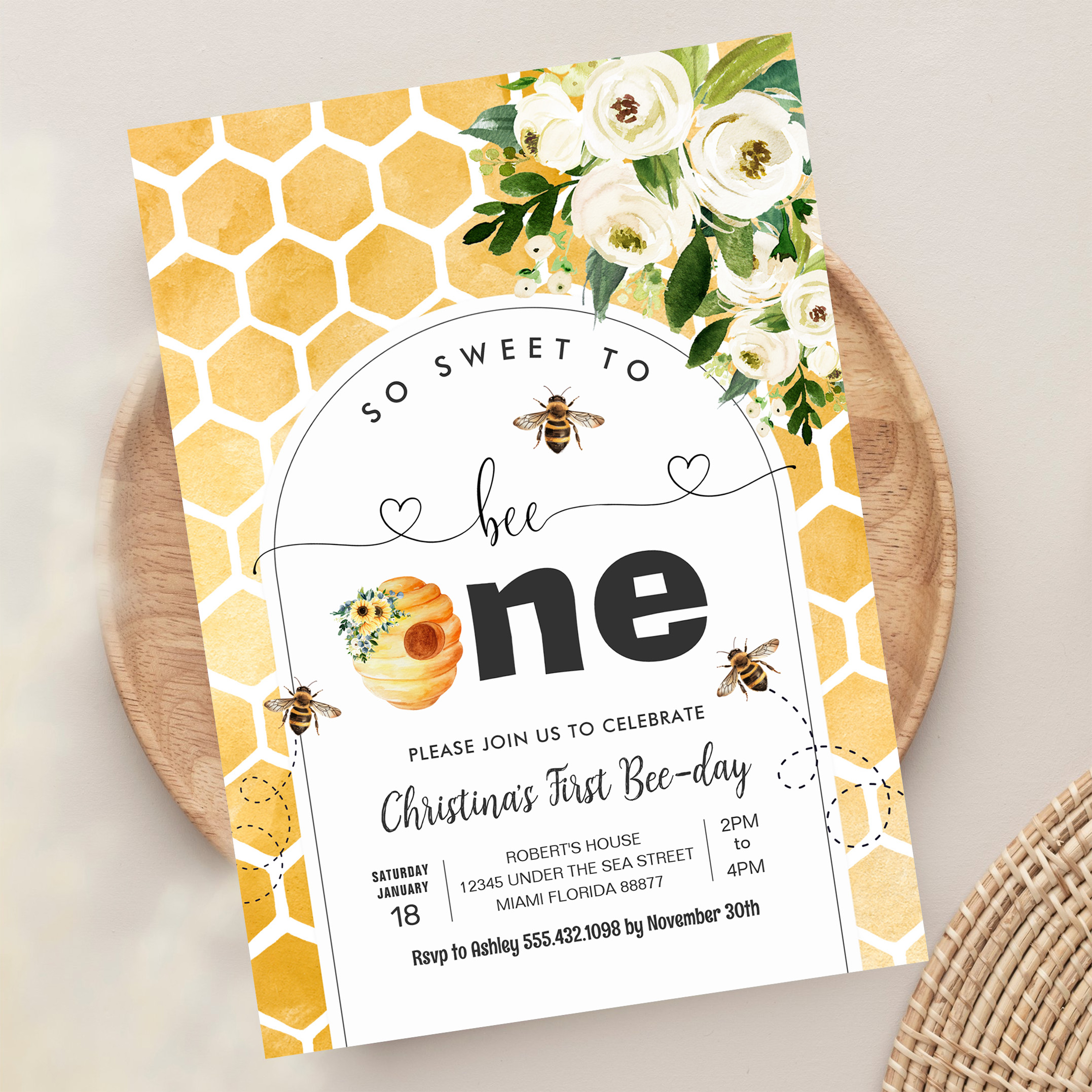 So Sweet To Bee One Bee Theme Party First Birthday Invitation - Image 13