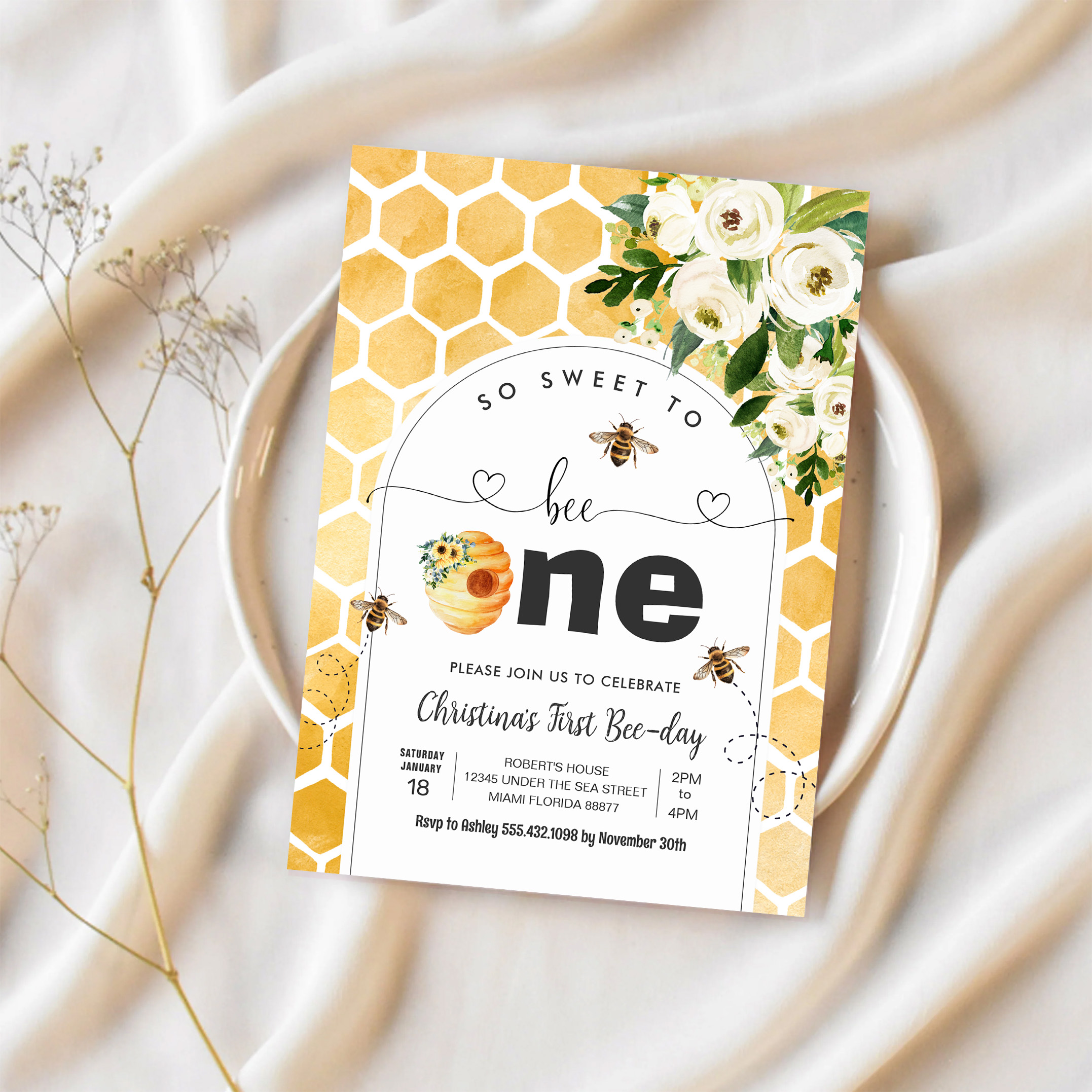 So Sweet To Bee One Bee Theme Party First Birthday Invitation - Image 2