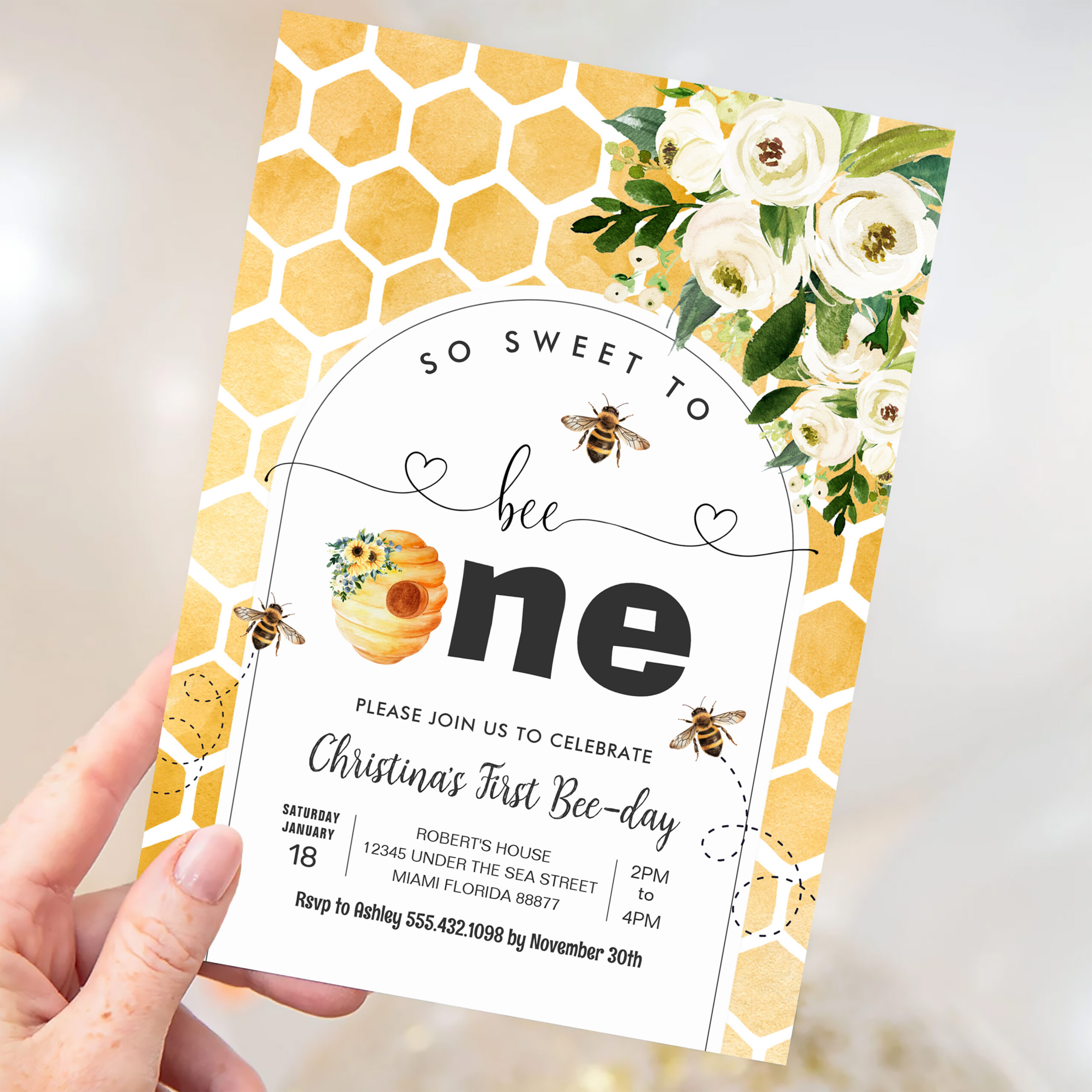 So Sweet To Bee One Bee Theme Party First Birthday Invitation - Image 3
