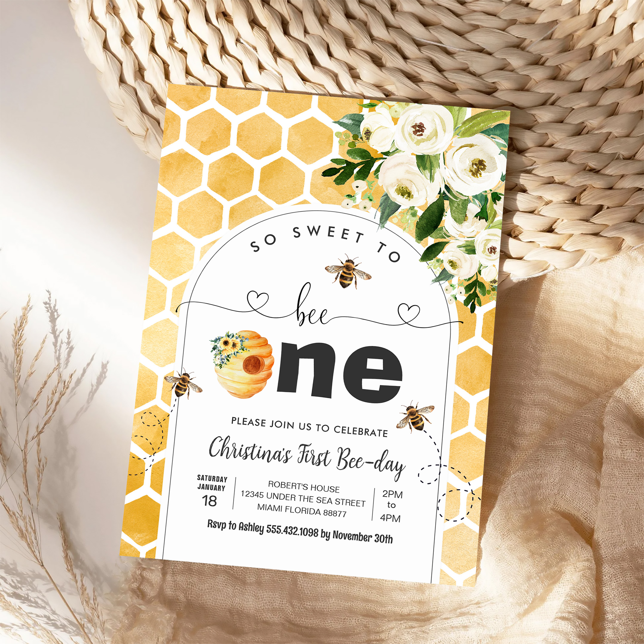 So Sweet To Bee One Bee Theme Party First Birthday Invitation - Image 4